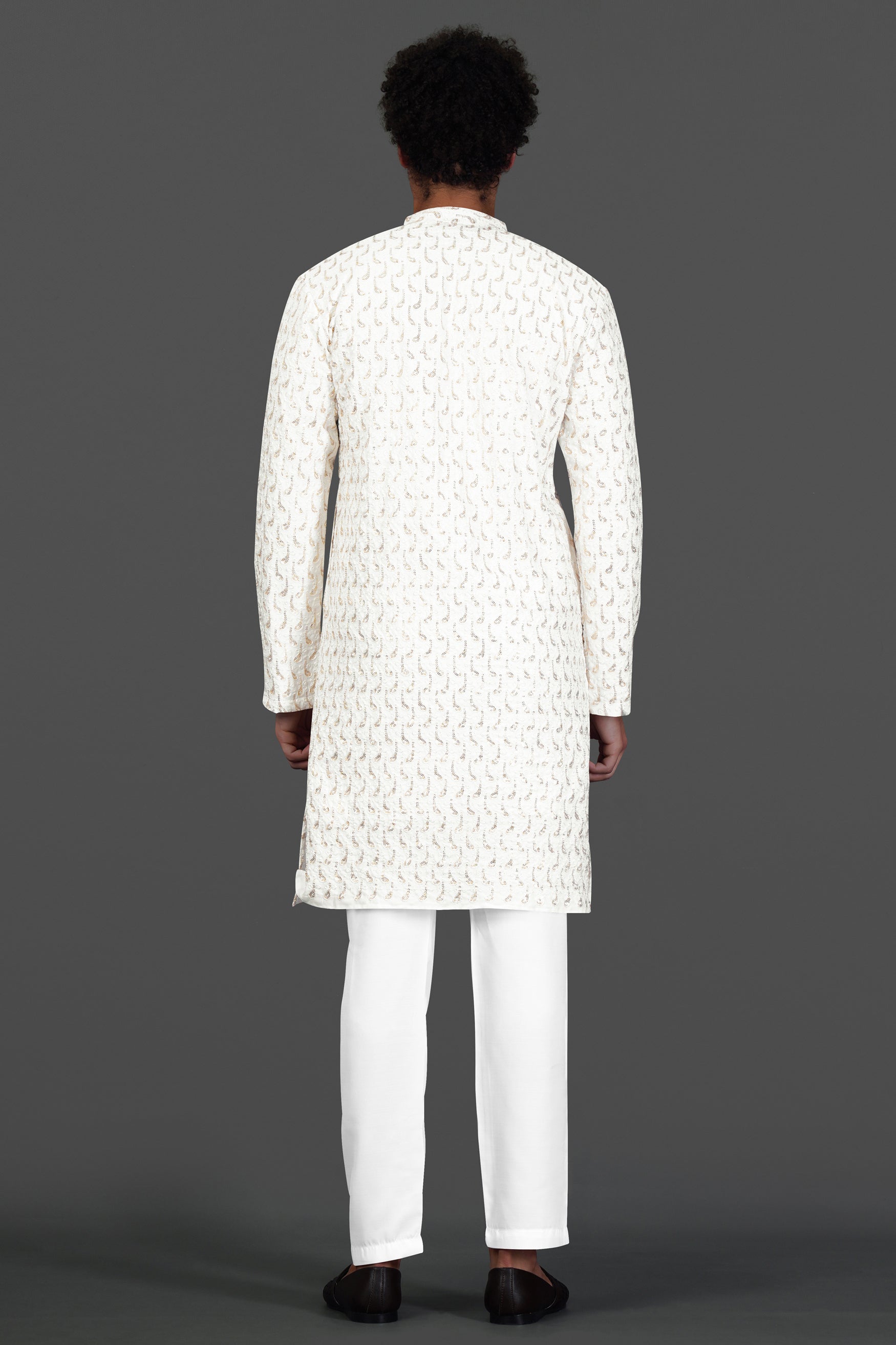 Bright White Leaves Pattern Sequin Embroidered Subtle Sheen Viscose Designer Kurta Set