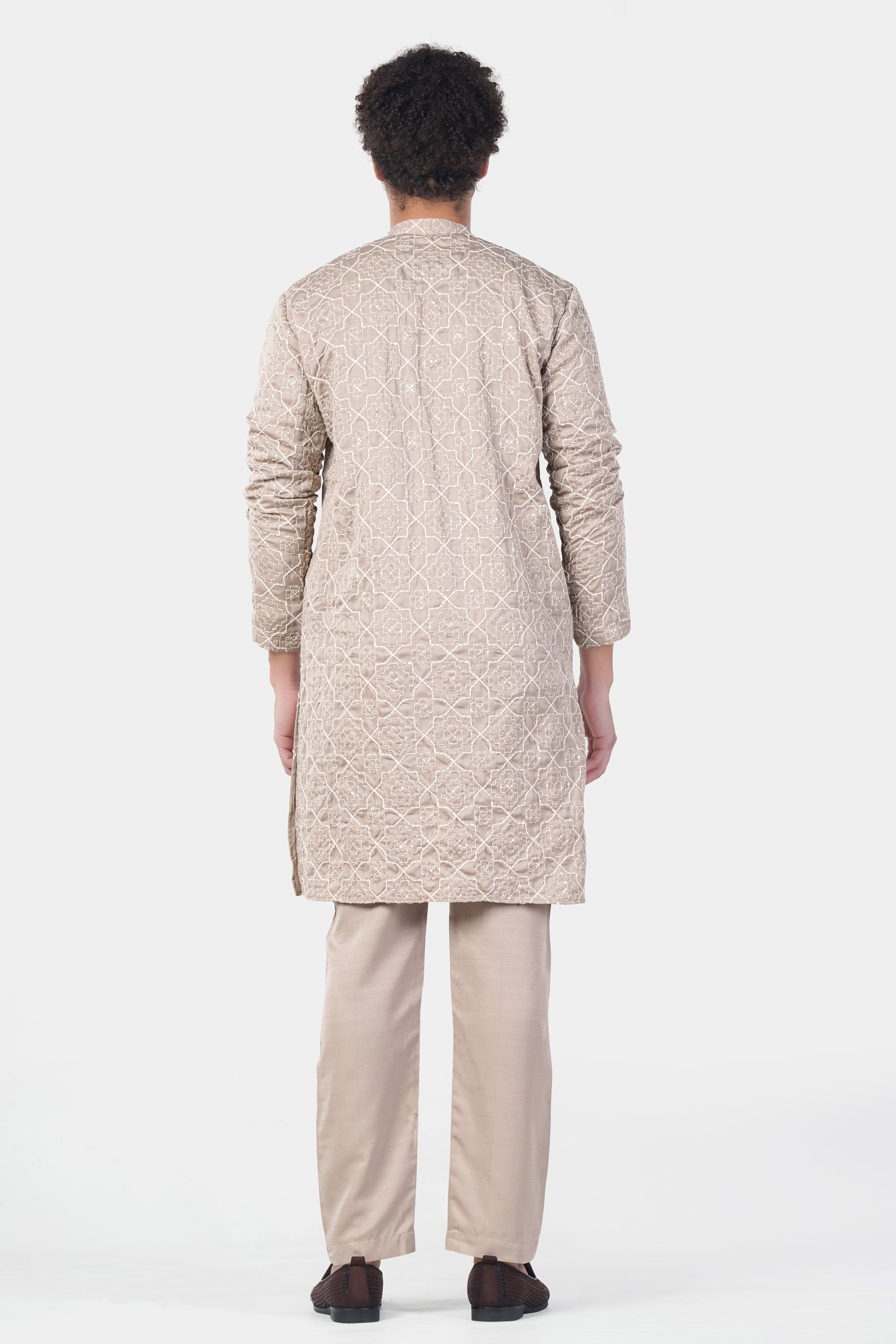 Chalice Brown and White Trellis Pattern Thread and Sequin Embroidered Subtle Sheen Viscose Designer Kurta Set