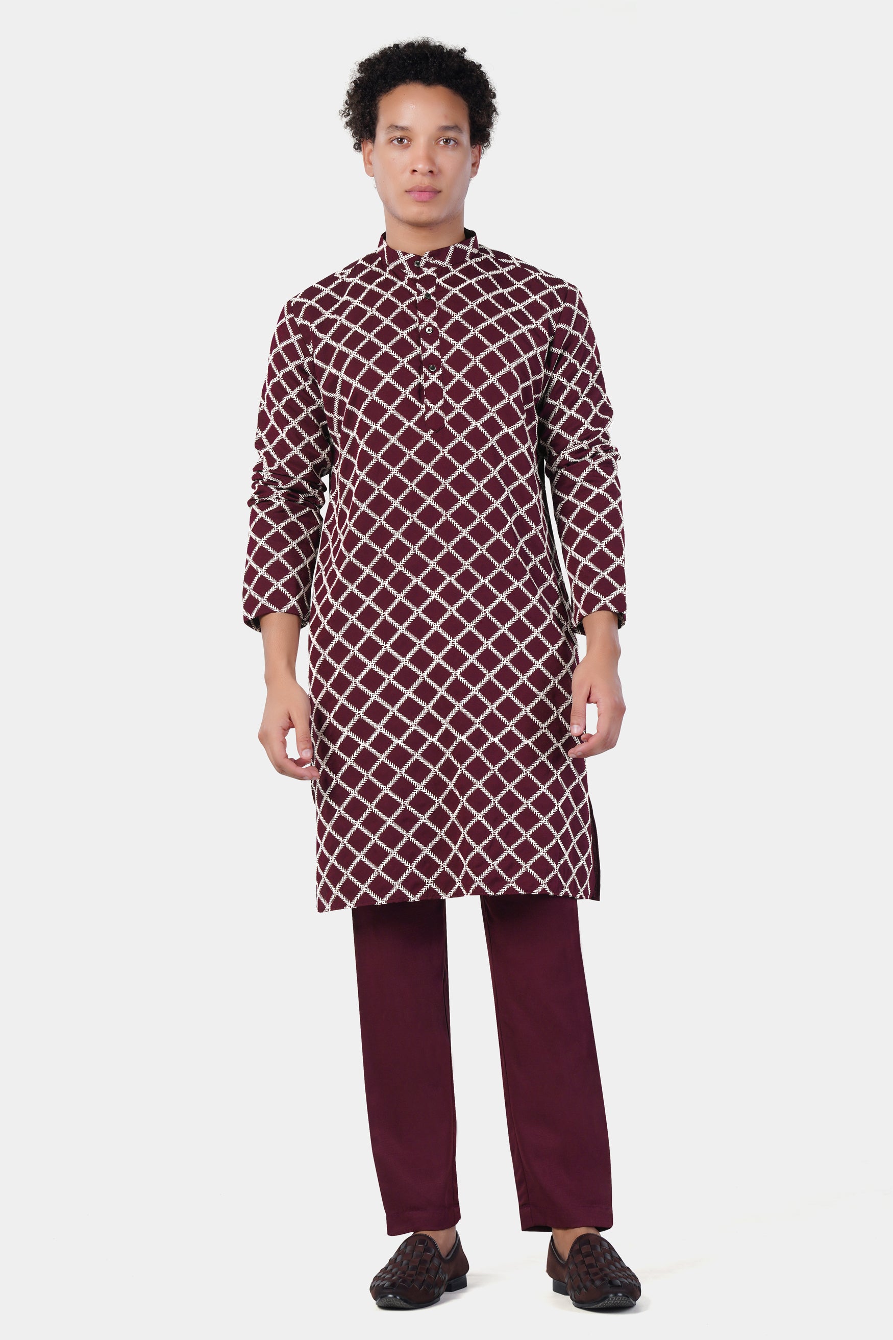 Aubergine Maroon and White Geometric Pattern Thread Embroidered Subtle Sheen Viscose Designer Kurta Set