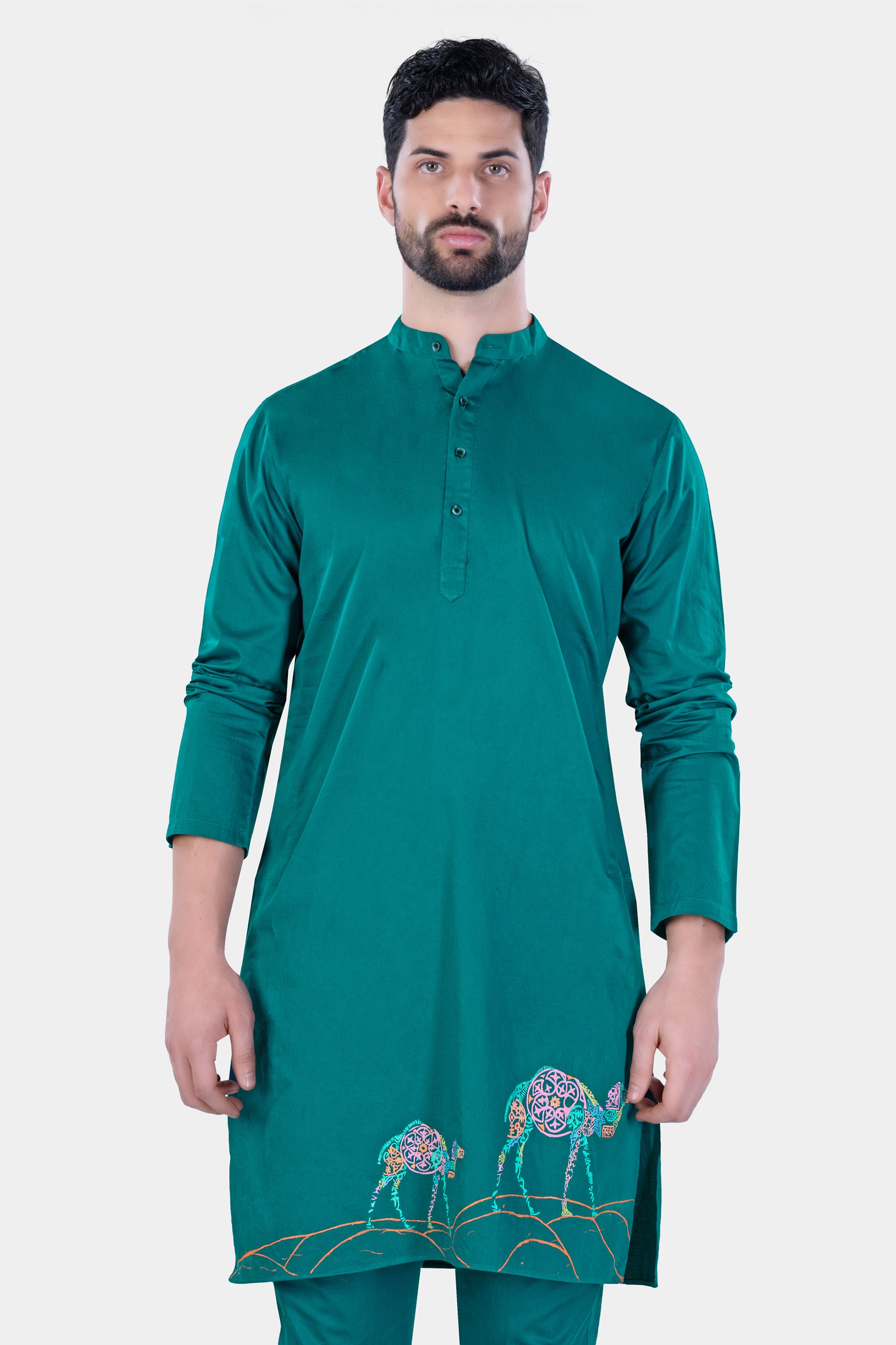 Aquamarine Green Camel Hand Painted Subtle Sheen Super Soft Premium Cotton Designer Kurta Set