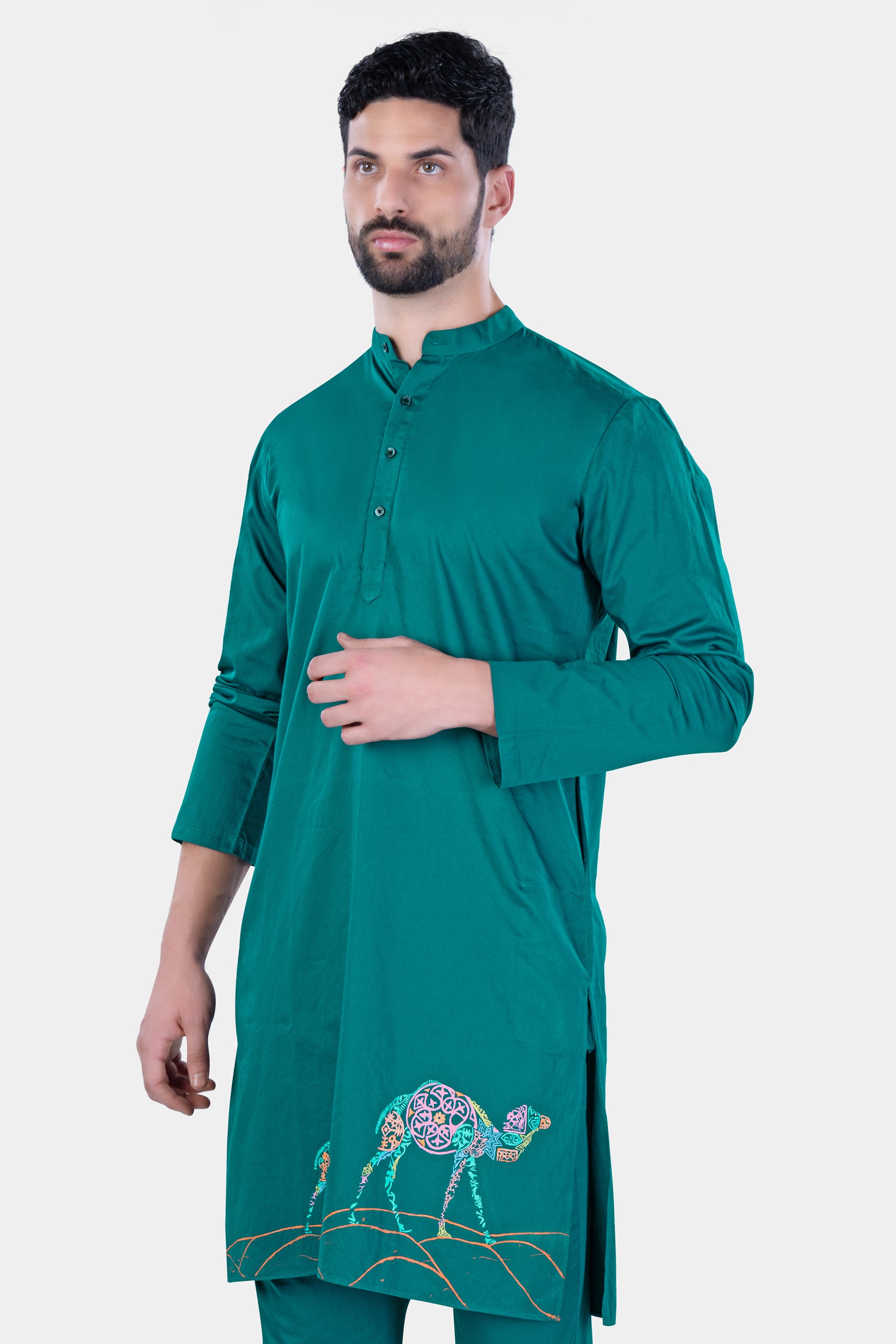 Aquamarine Green Camel Hand Painted Subtle Sheen Super Soft Premium Cotton Designer Kurta Set