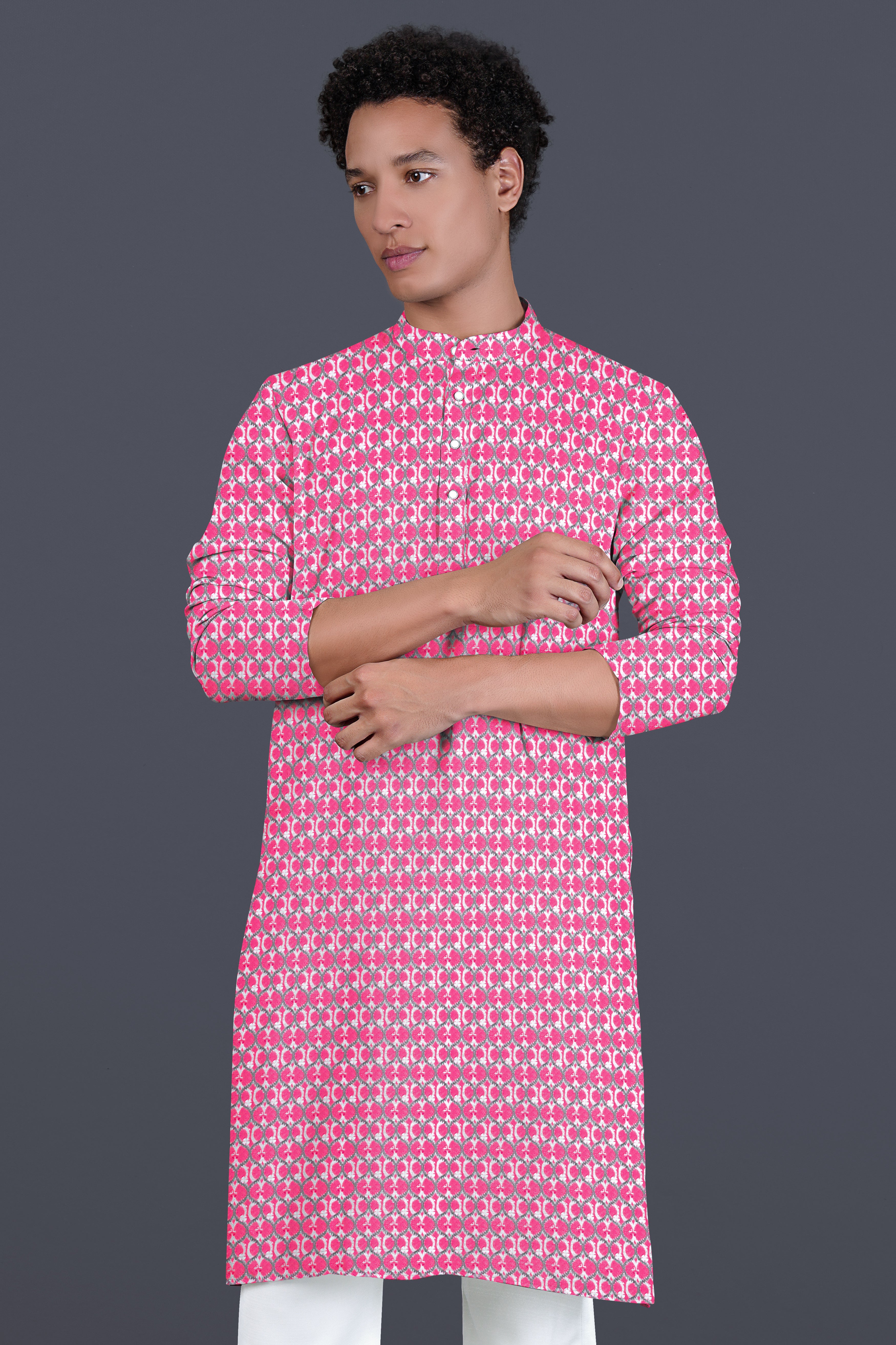 French Rose Pink And Bright White Designer Embroidered Kurta Set