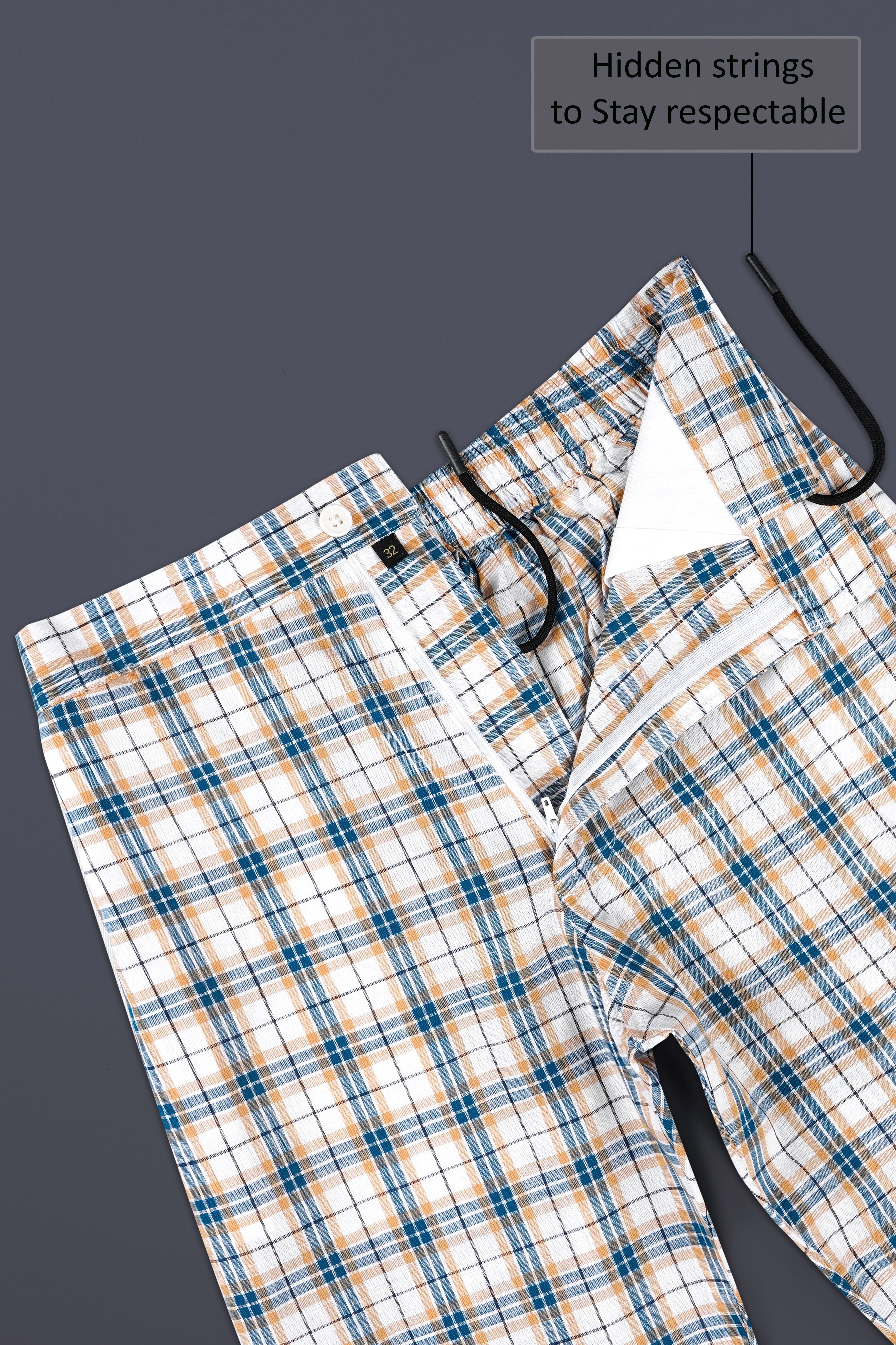 Bright White with Ocean Blue Plaid Luxuries Linen Lounge Pant