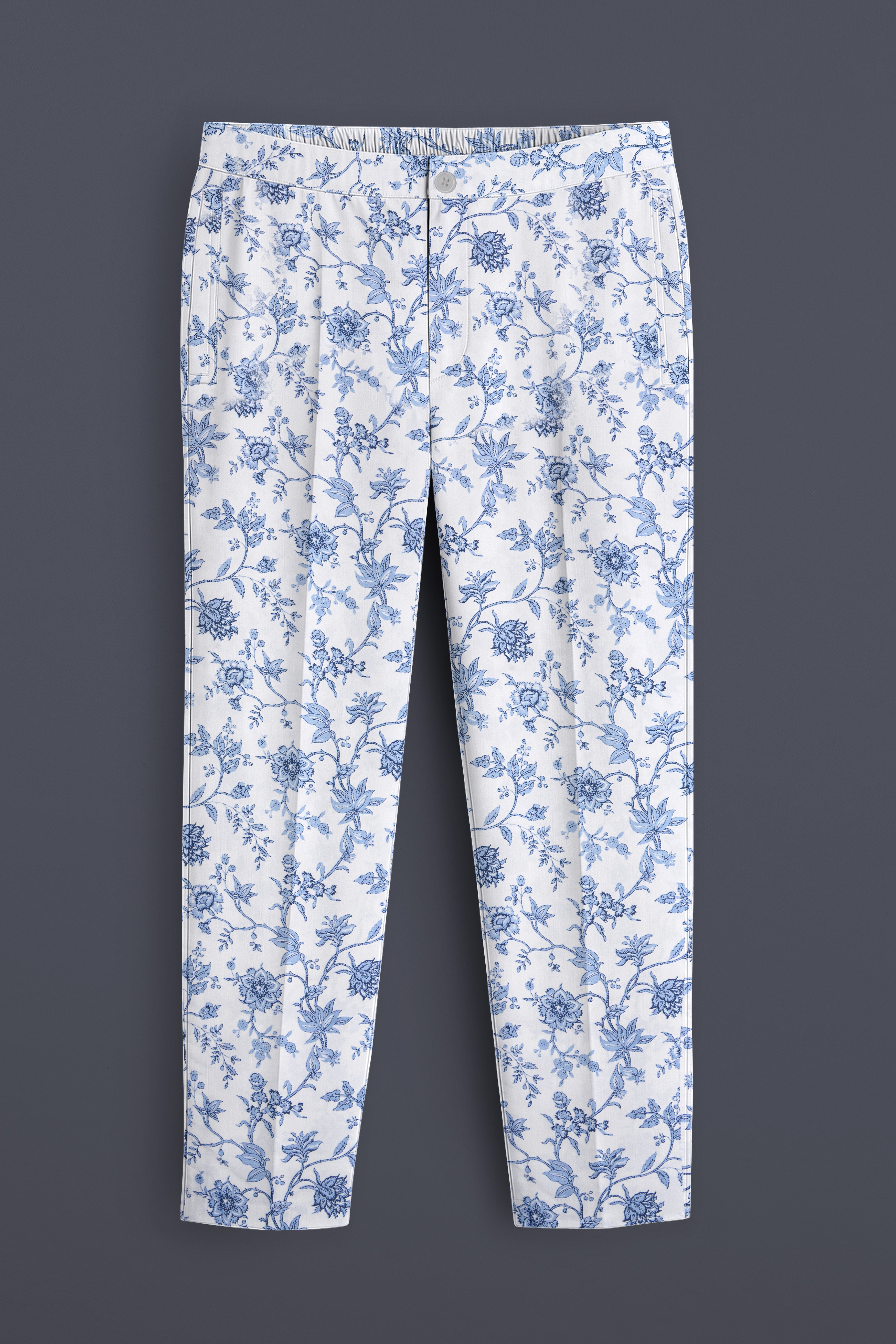 Florique-Bright White And Pastel Blue Floral Printed Subtle Sheen Super Soft Premium Cotton Lounge Pant