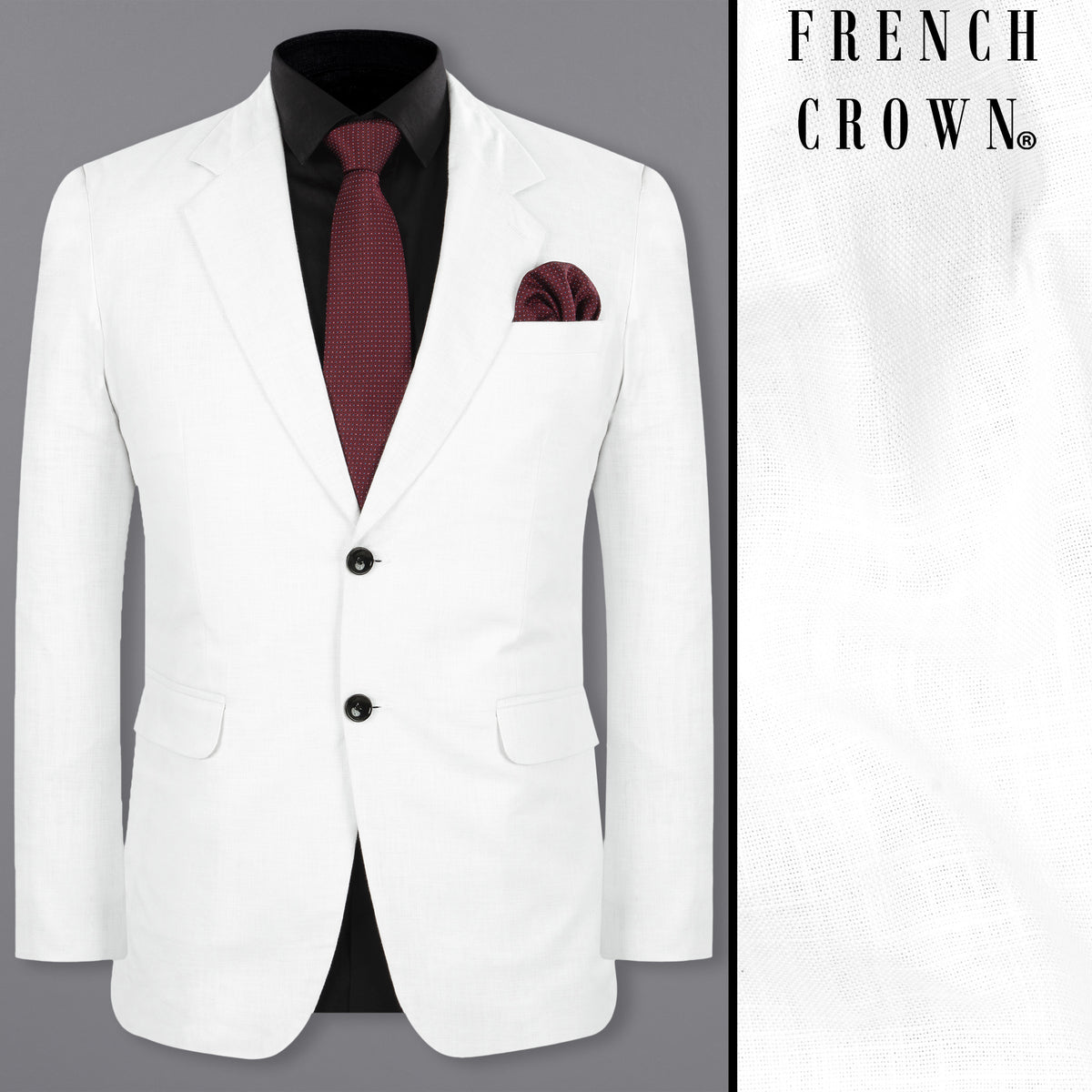 French Crown Bright White Plain-Solid Single-Breasted Premium Linen Blazer For Men, 46 / XL