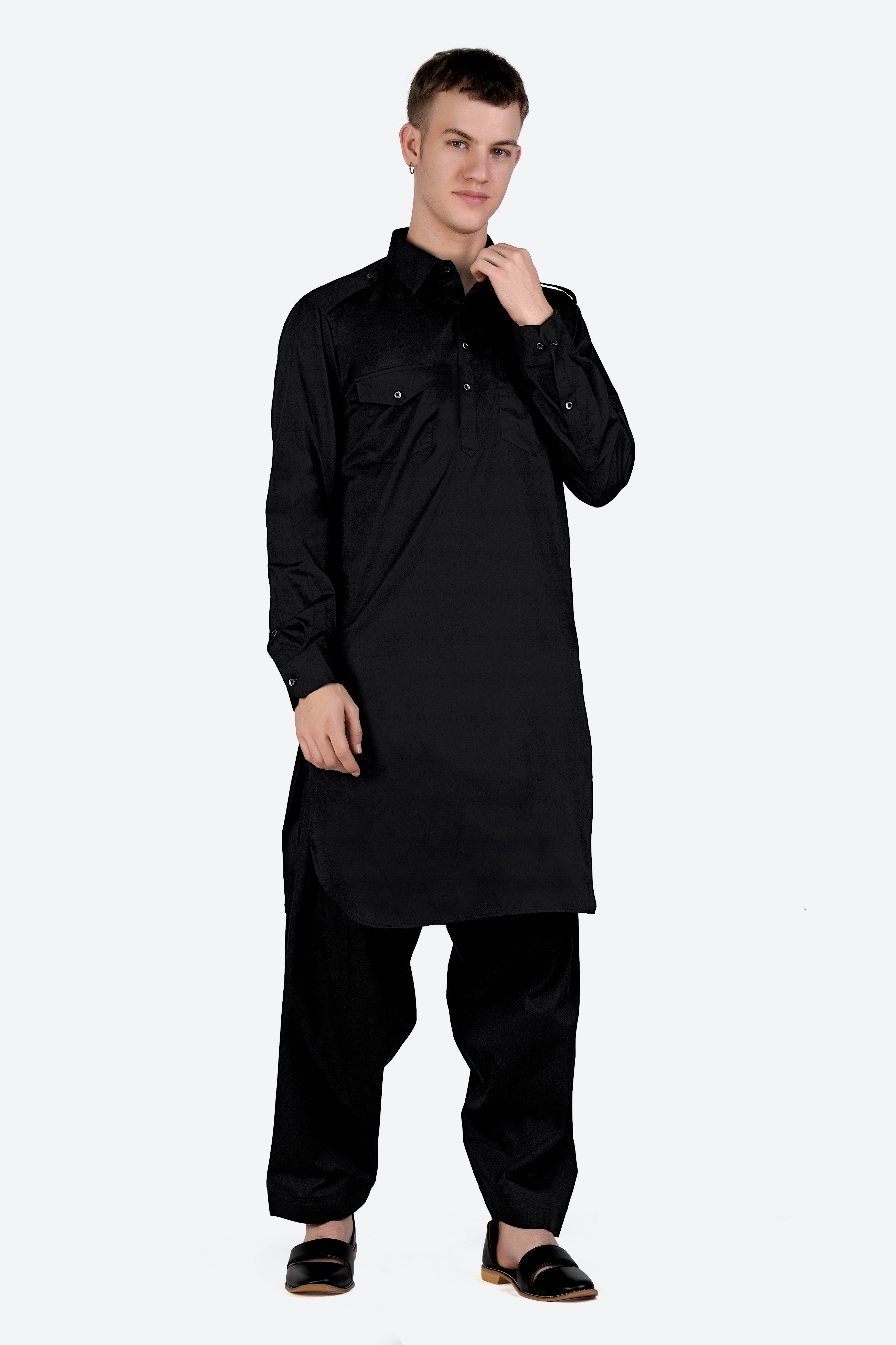 Jade Black Subtle Sheen Super Soft Premium Cotton Pathani Set