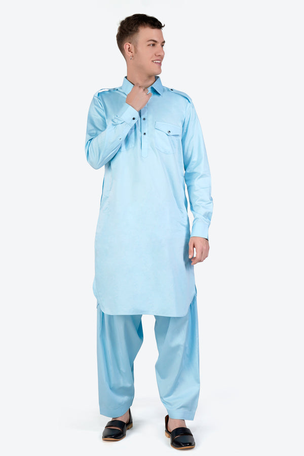 Turquoise Blue Subtle Sheen Super Soft Premium Cotton Pathani Set