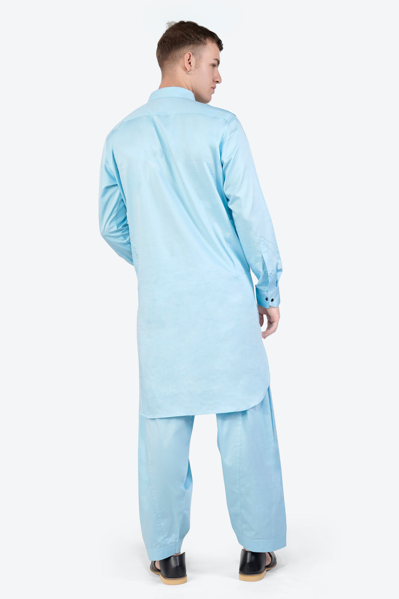 Turquoise Blue Subtle Sheen Super Soft Premium Cotton Pathani Set