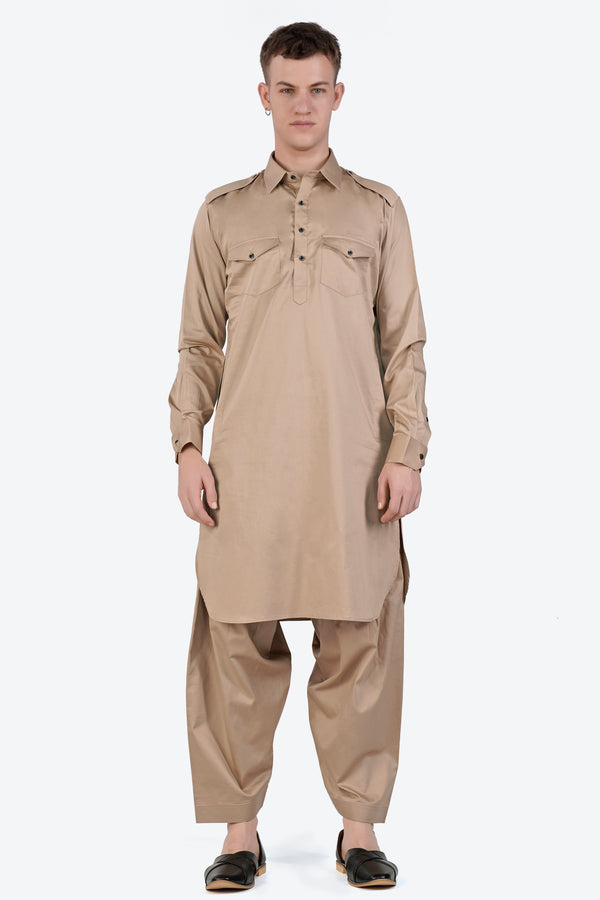 Cashmere Brown Subtle Sheen Super Soft Premium Cotton Pathani Set