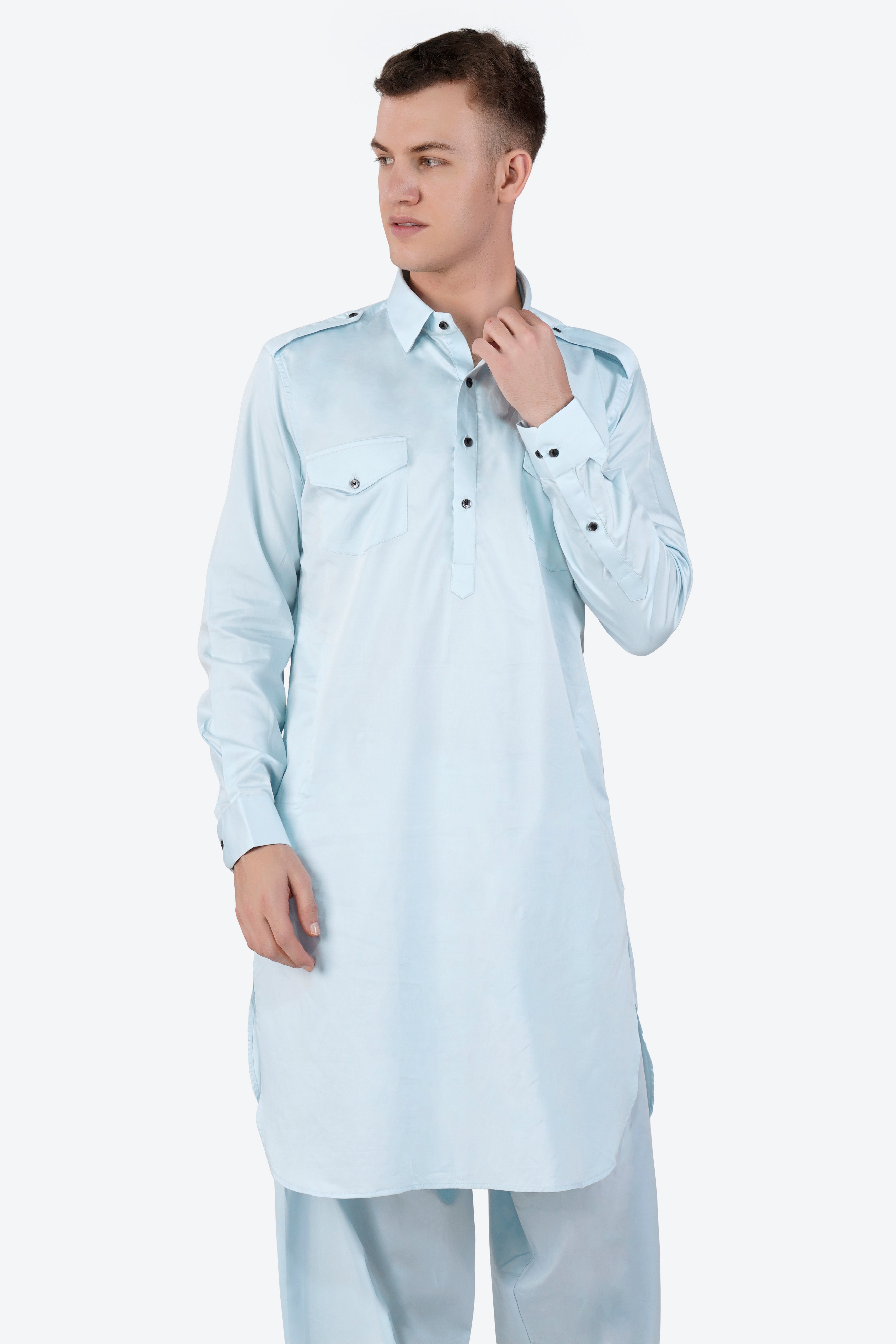 Botticelli Blue Subtle Sheen Super Soft Premium Cotton Pathani Set