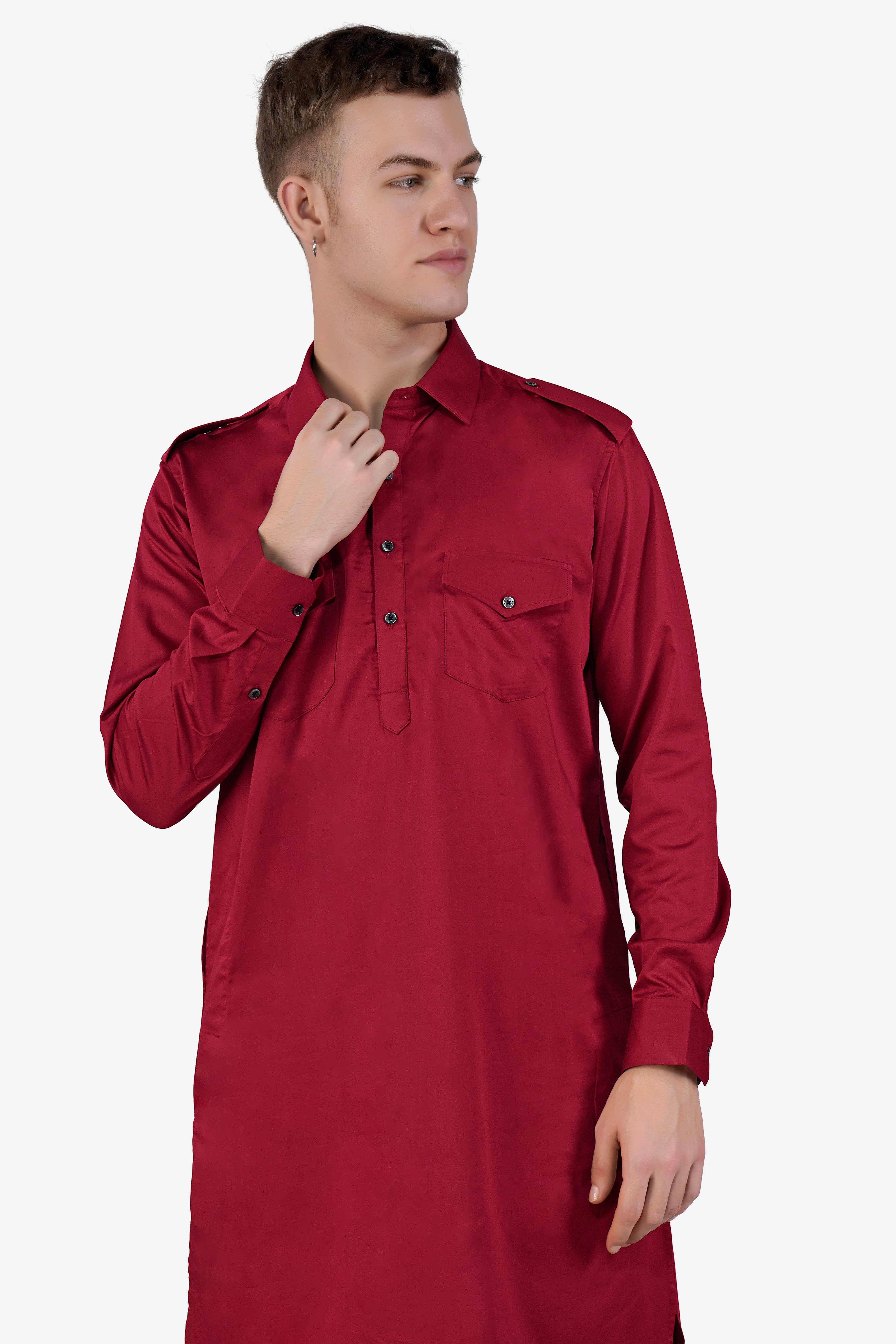 Vivid Auburn Red Subtle Sheen Super Soft Premium Cotton Pathani Set