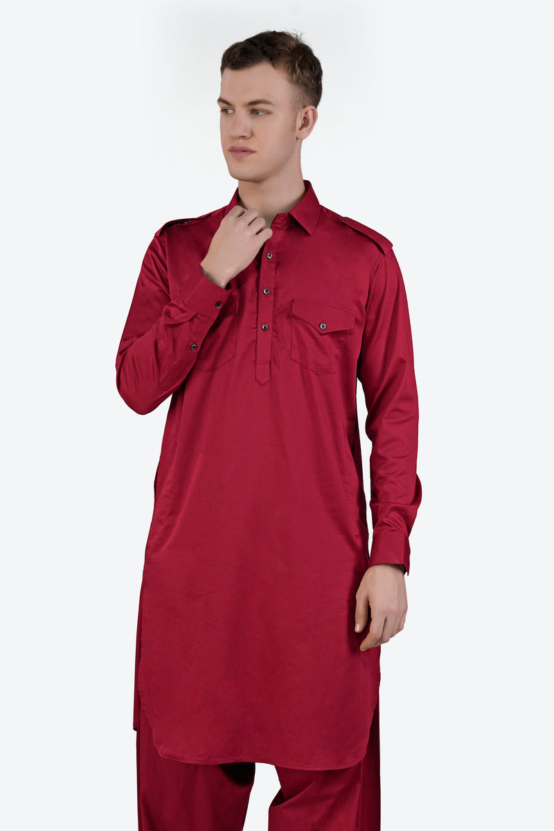 Vivid Auburn Red Subtle Sheen Super Soft Premium Cotton Pathani Set