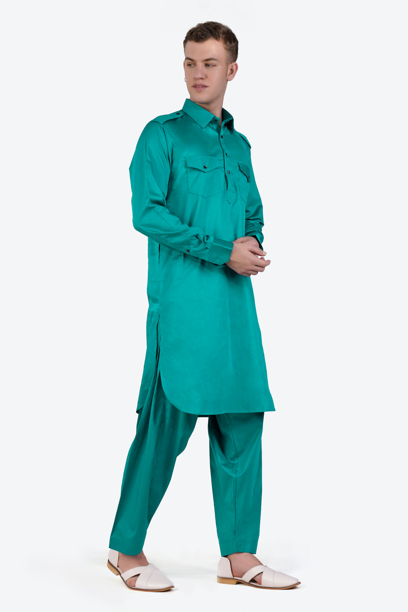 Teal Blue Subtle Sheen Super Soft Premium Cotton Pathani Set