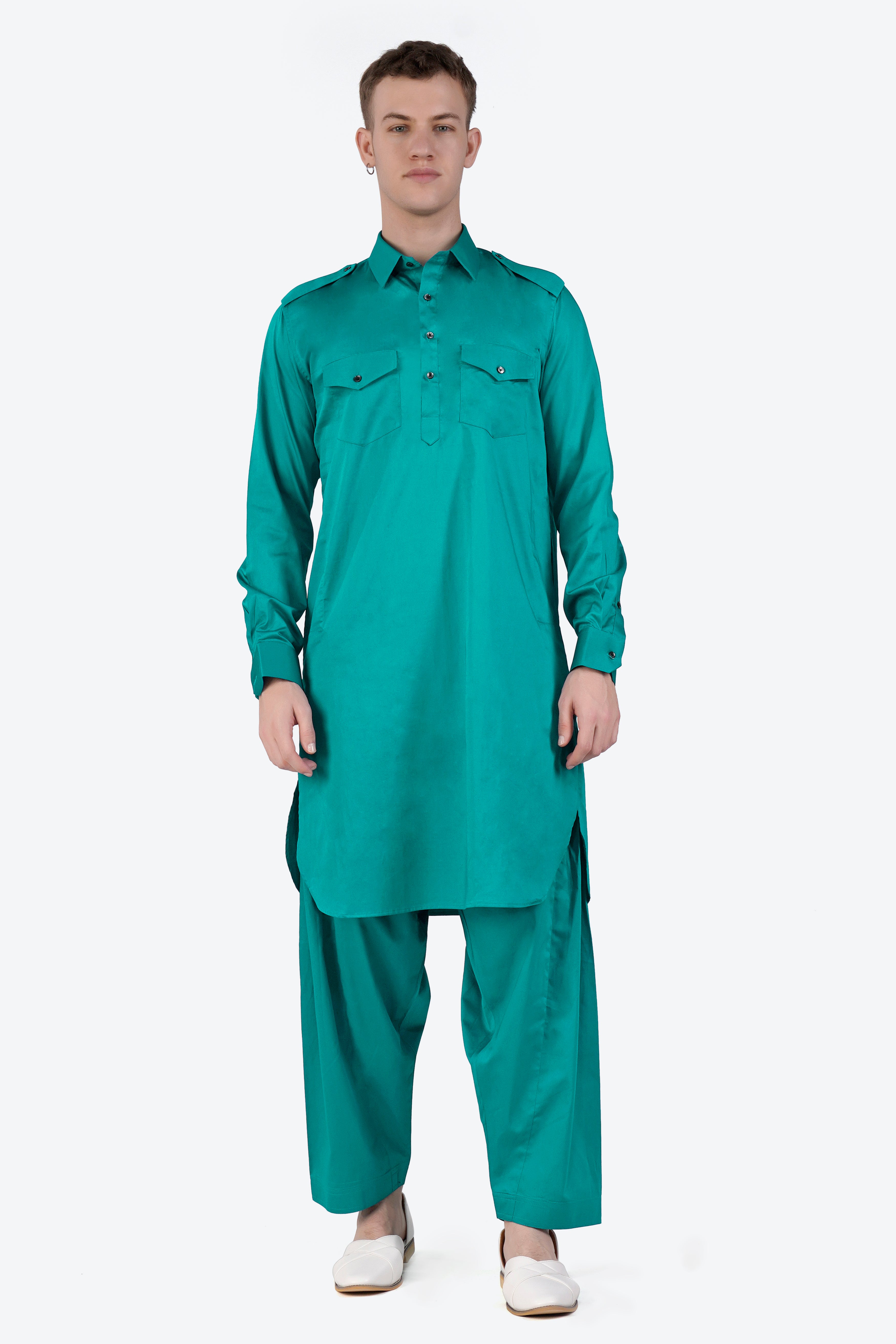 Teal Blue Subtle Sheen Super Soft Premium Cotton Pathani Set