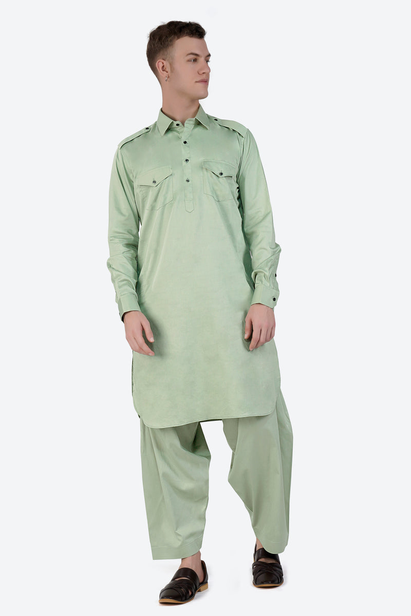 Coriander Green Subtle Sheen Super Soft Premium Cotton Pathani Set
