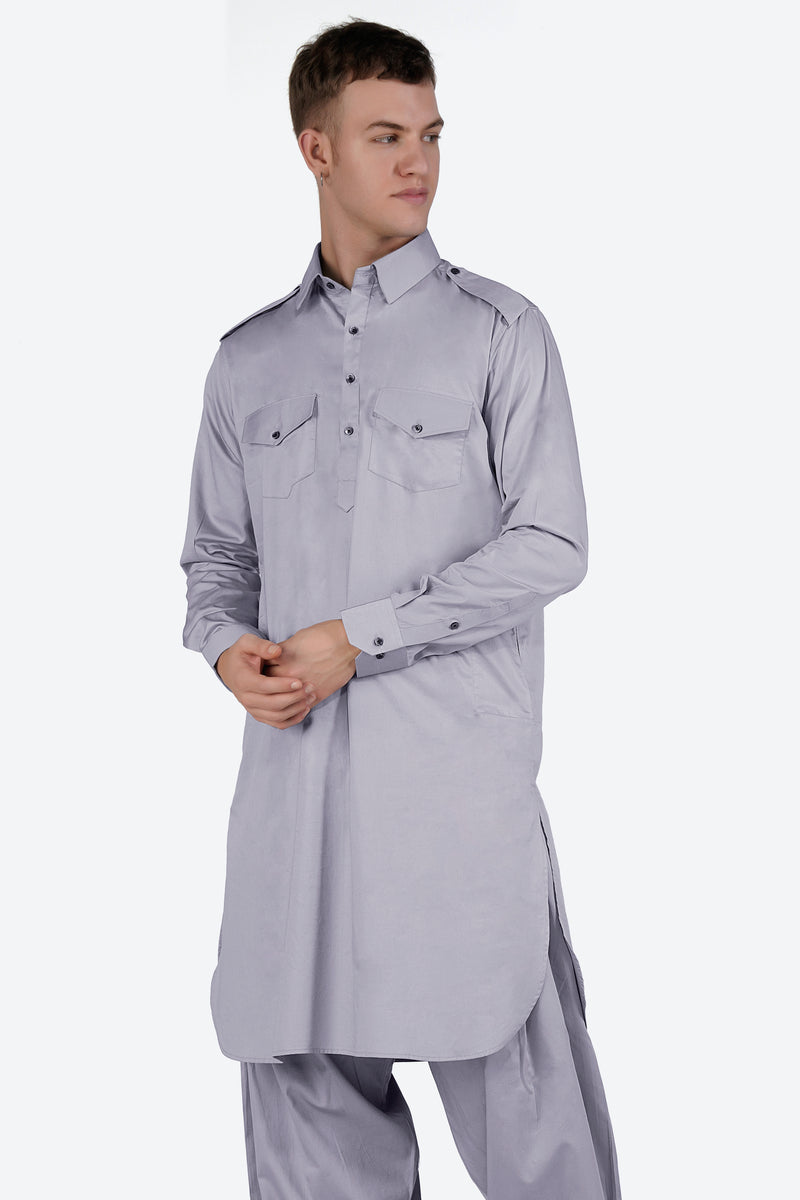 Haze Gray Subtle Sheen Super Soft Premium Cotton Pathani Set