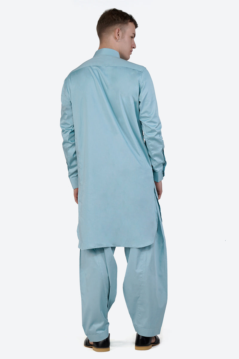Glacier Blue Subtle Sheen Super Soft Premium Cotton Pathani Set