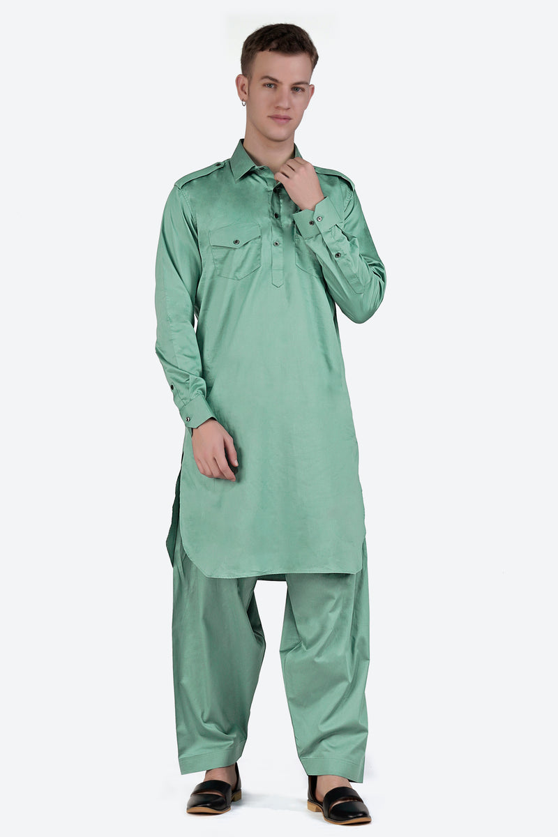 Patina Green Subtle Sheen Super Soft Premium Cotton Pathani Set