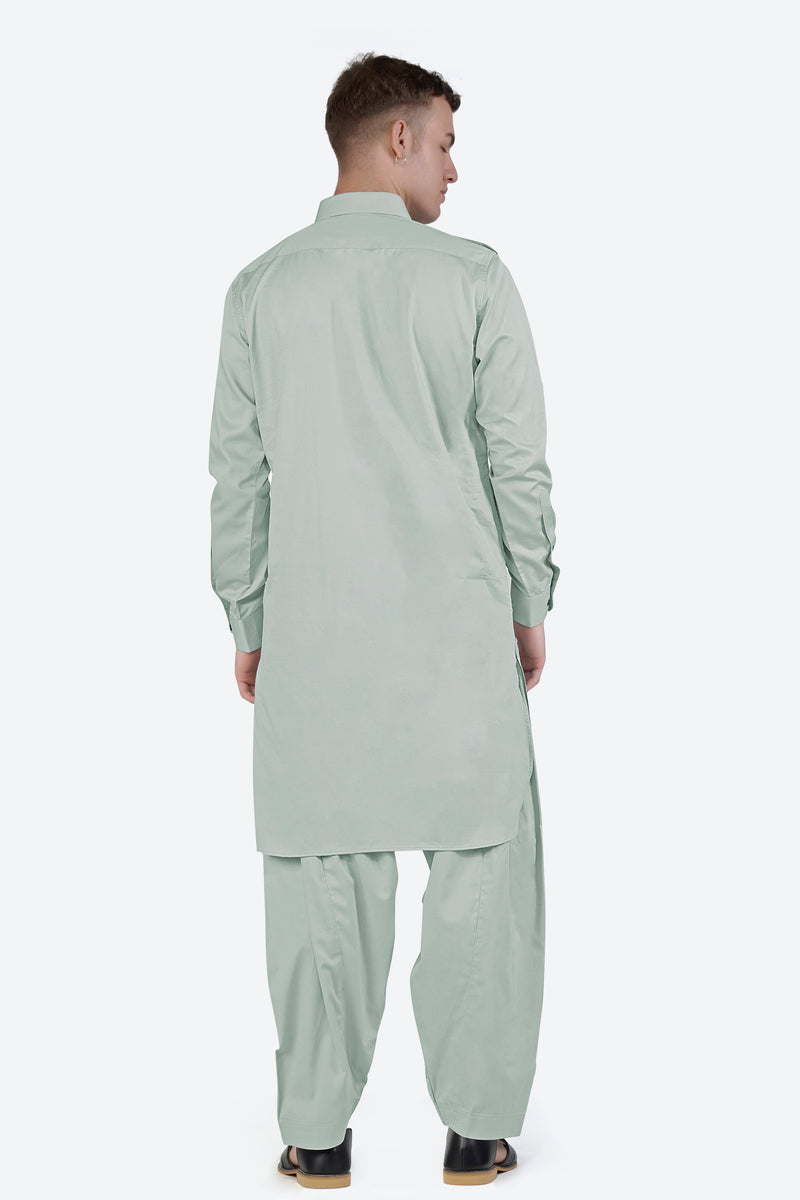 Periglacial Green Subtle Sheen Super Soft Premium Cotton Pathani Set