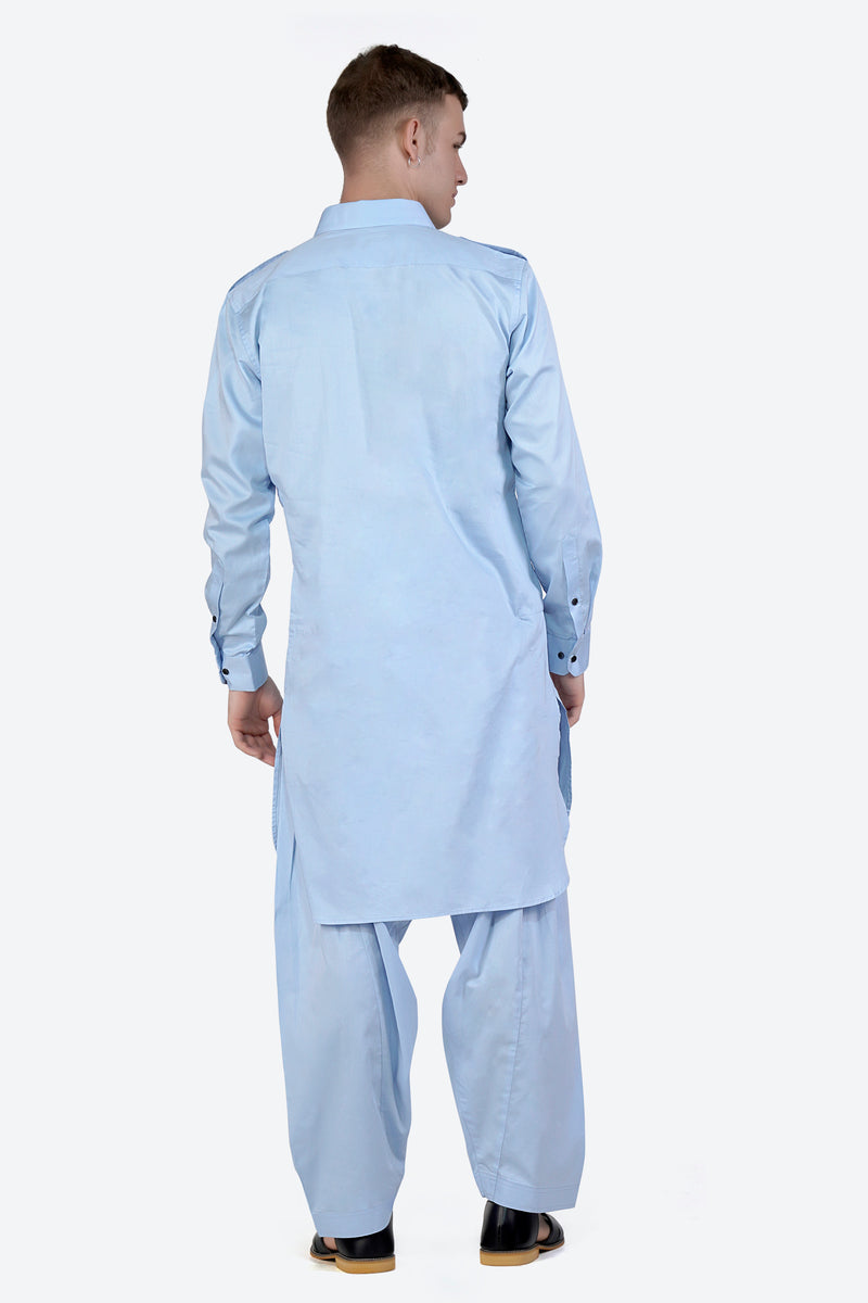 Tropical Blue Subtle Sheen Super Soft Premium Cotton Pathani Set