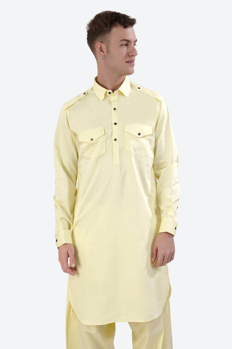 Oasis Yellow Subtle Sheen Super Soft Premium Cotton Pathani Set