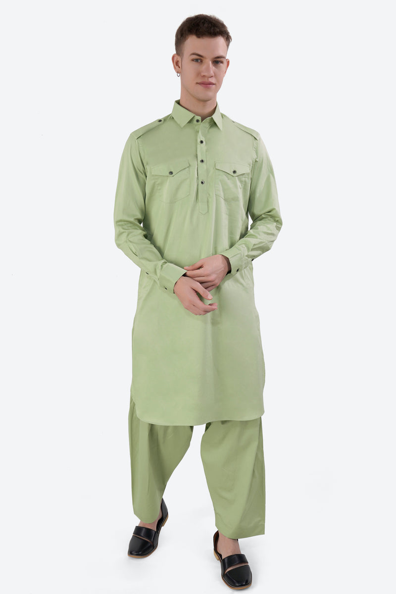 Swamp Green Subtle Sheen Super Soft Premium Cotton Pathani Set