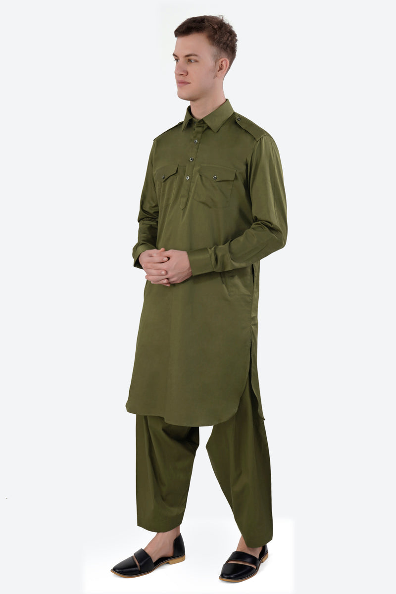 Fuscous Green Subtle Sheen Super Soft Premium Cotton Pathani Set