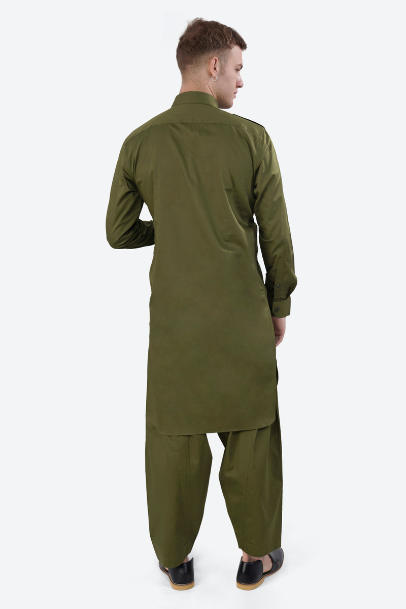 Fuscous Green Subtle Sheen Super Soft Premium Cotton Pathani Set