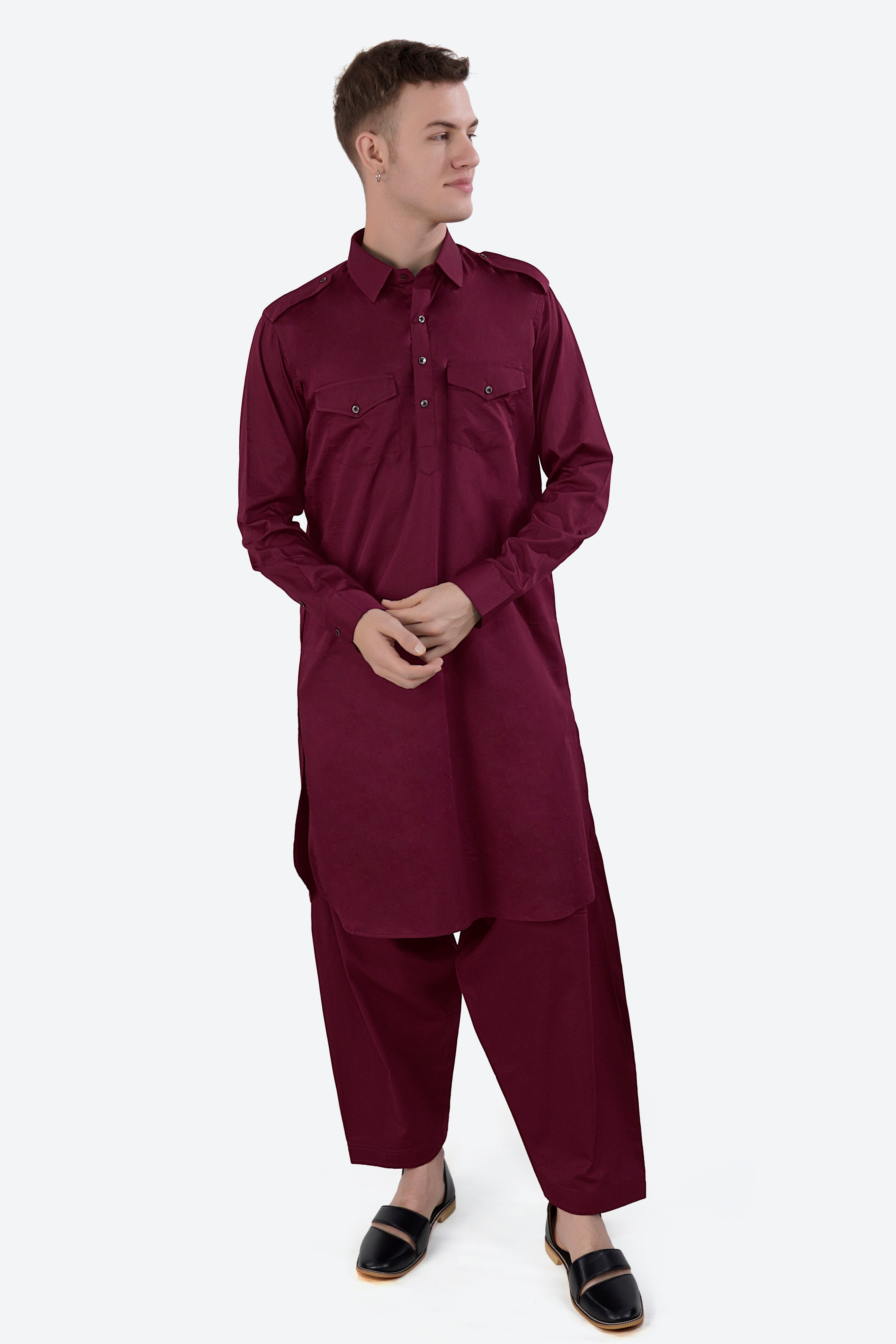 Crater Maroon Subtle Sheen Super Soft Premium Cotton Pathani Set