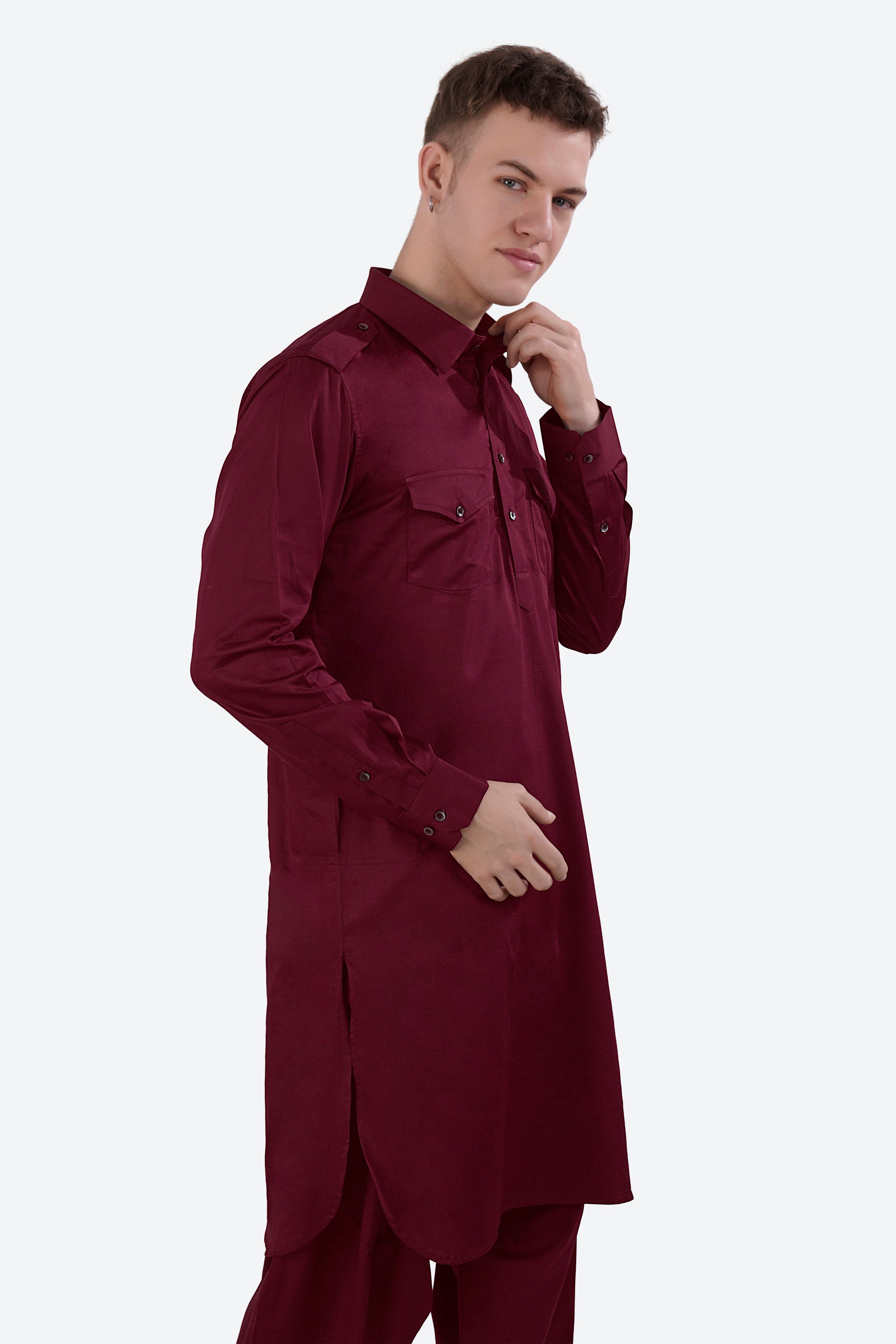 Crater Maroon Subtle Sheen Super Soft Premium Cotton Pathani Set