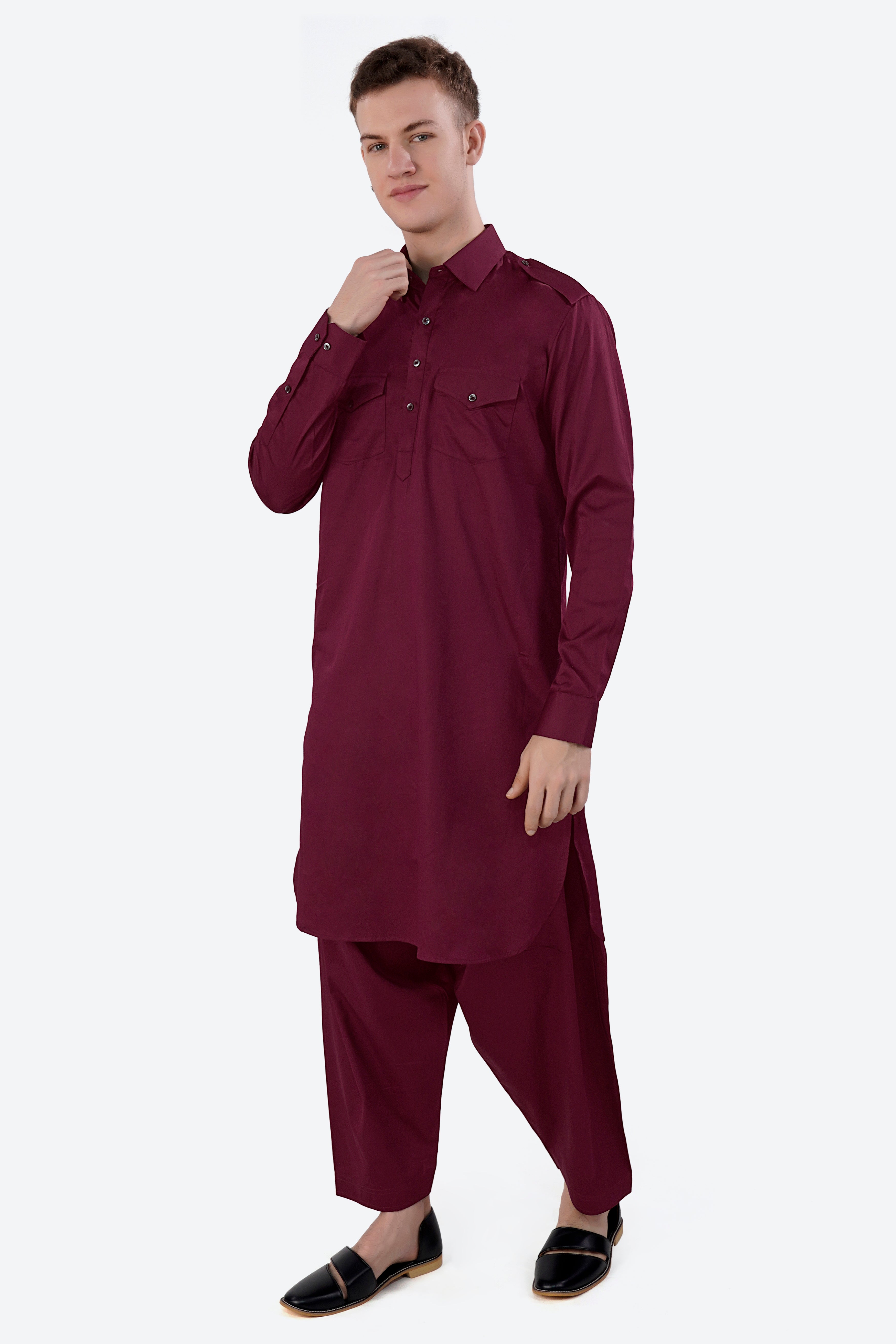 Crater Maroon Subtle Sheen Super Soft Premium Cotton Pathani Set