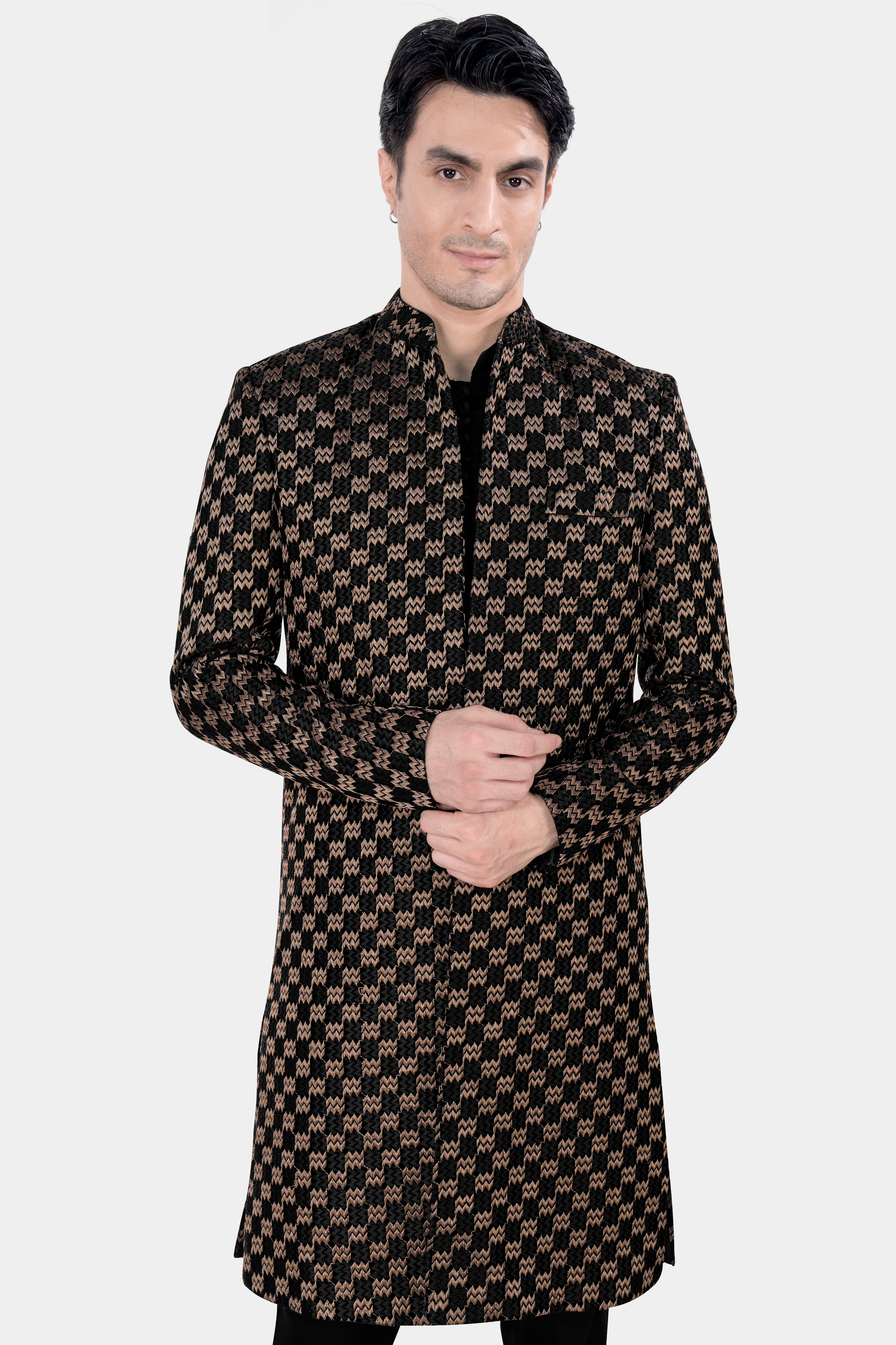 Jade Black and Toast Brown Zig Zag Embroidered Indo Western with Black Kurta and Pant Set