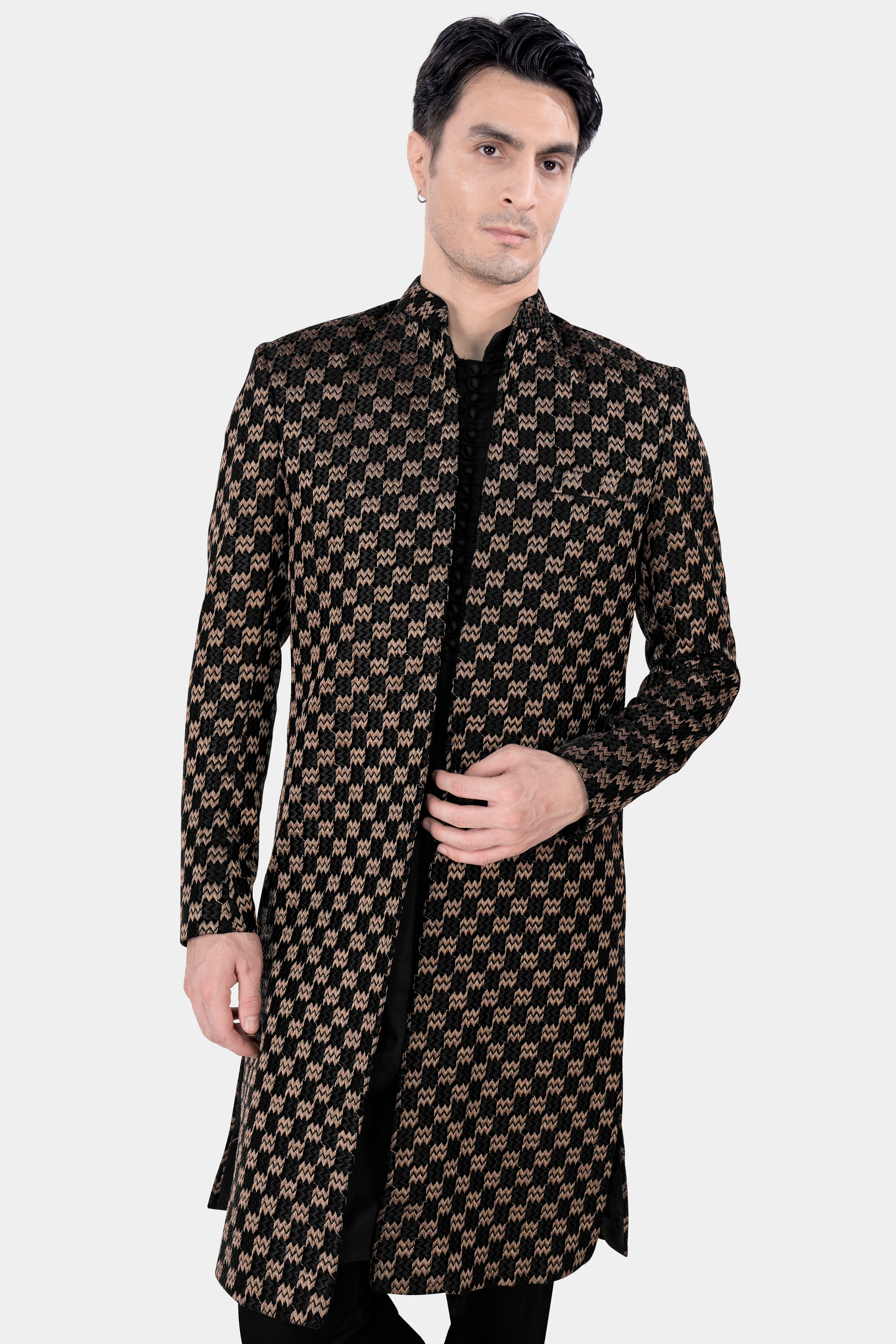 Jade Black and Toast Brown Zig Zag Embroidered Indo Western with Black Kurta and Pant Set