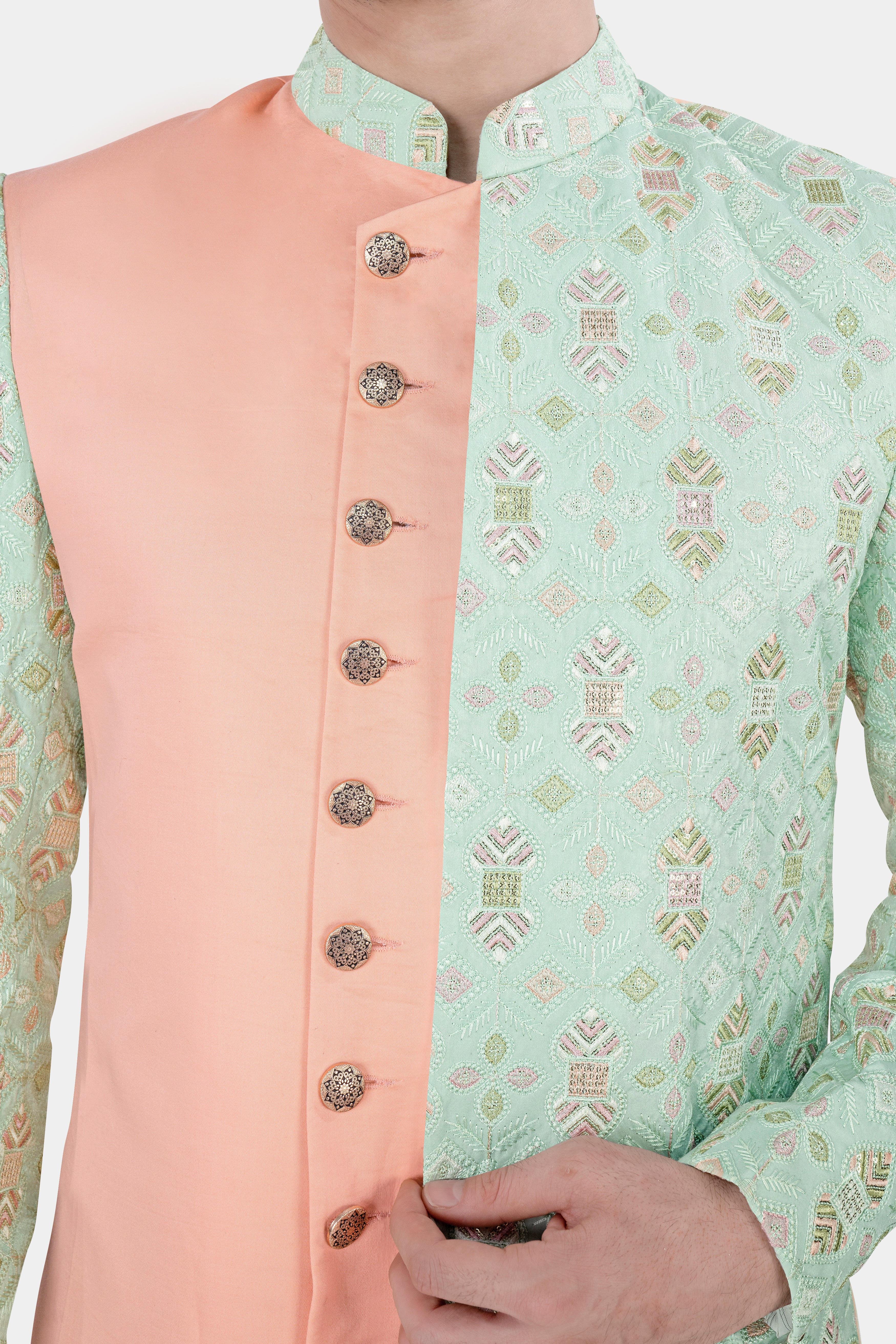 Half Bud Peach and Skeptic Green Embroidered with Sequins Work Indo Western with Kurta and Pant Set