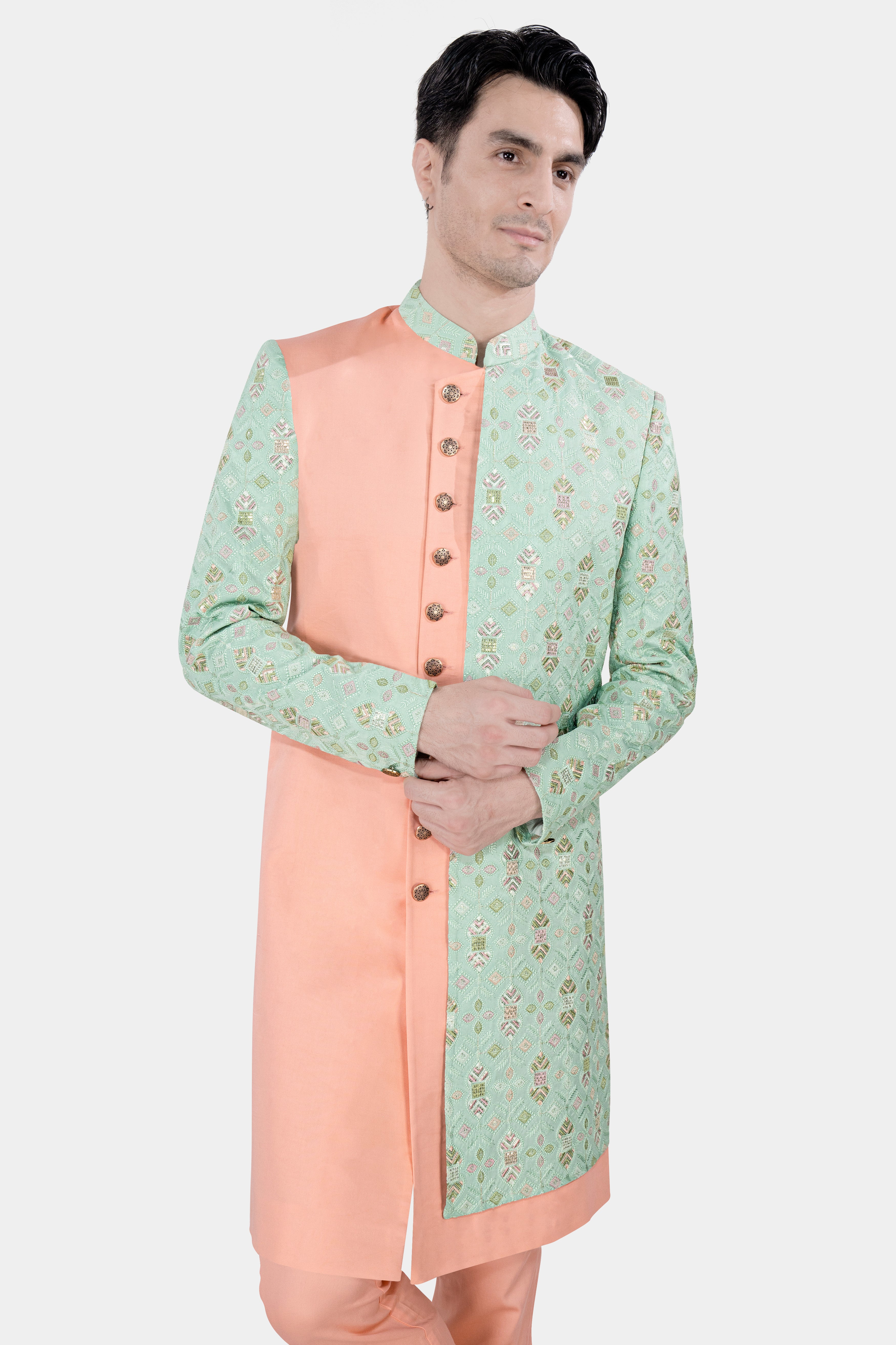 Half Bud Peach and Skeptic Green Embroidered with Sequins Work Indo Western with Kurta and Pant Set