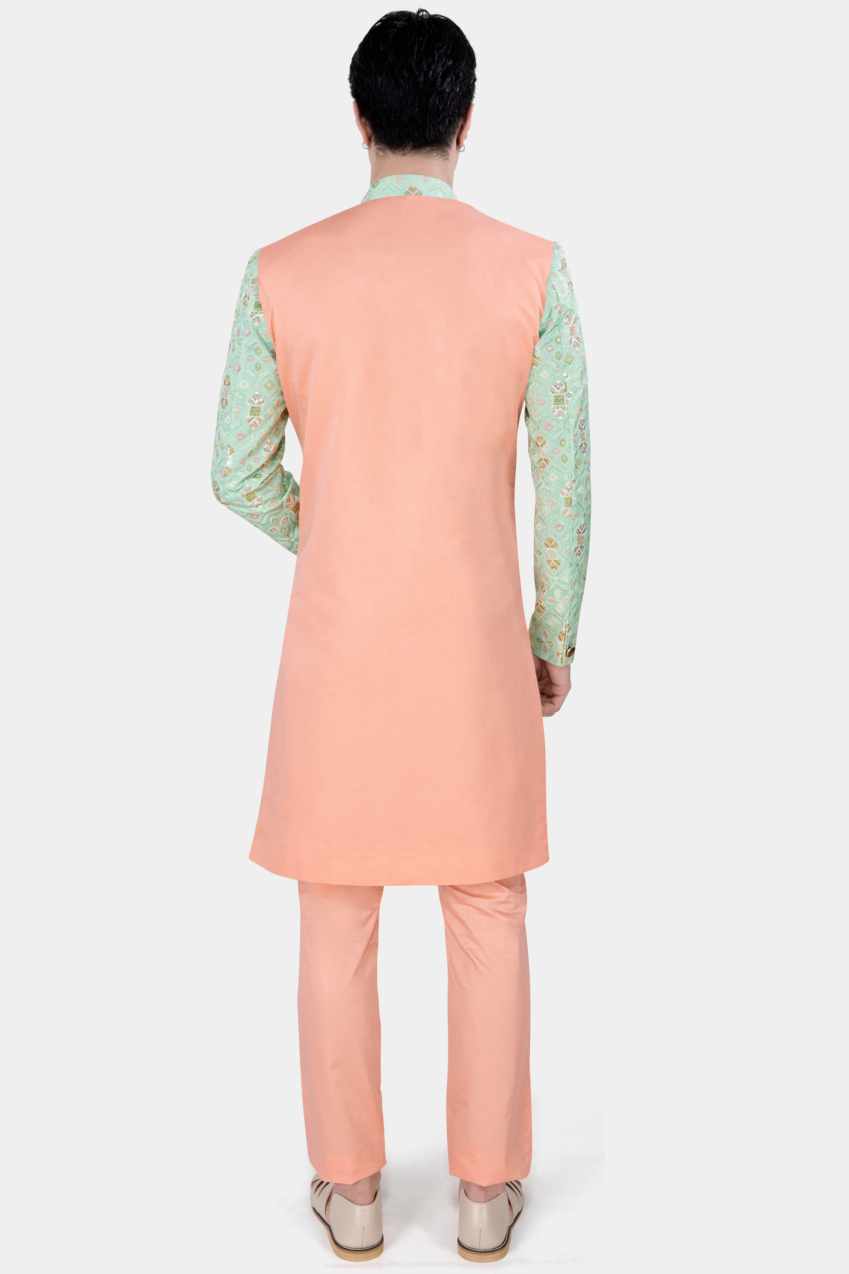 Half Bud Peach and Skeptic Green Embroidered with Sequins Work Indo Western with Kurta and Pant Set