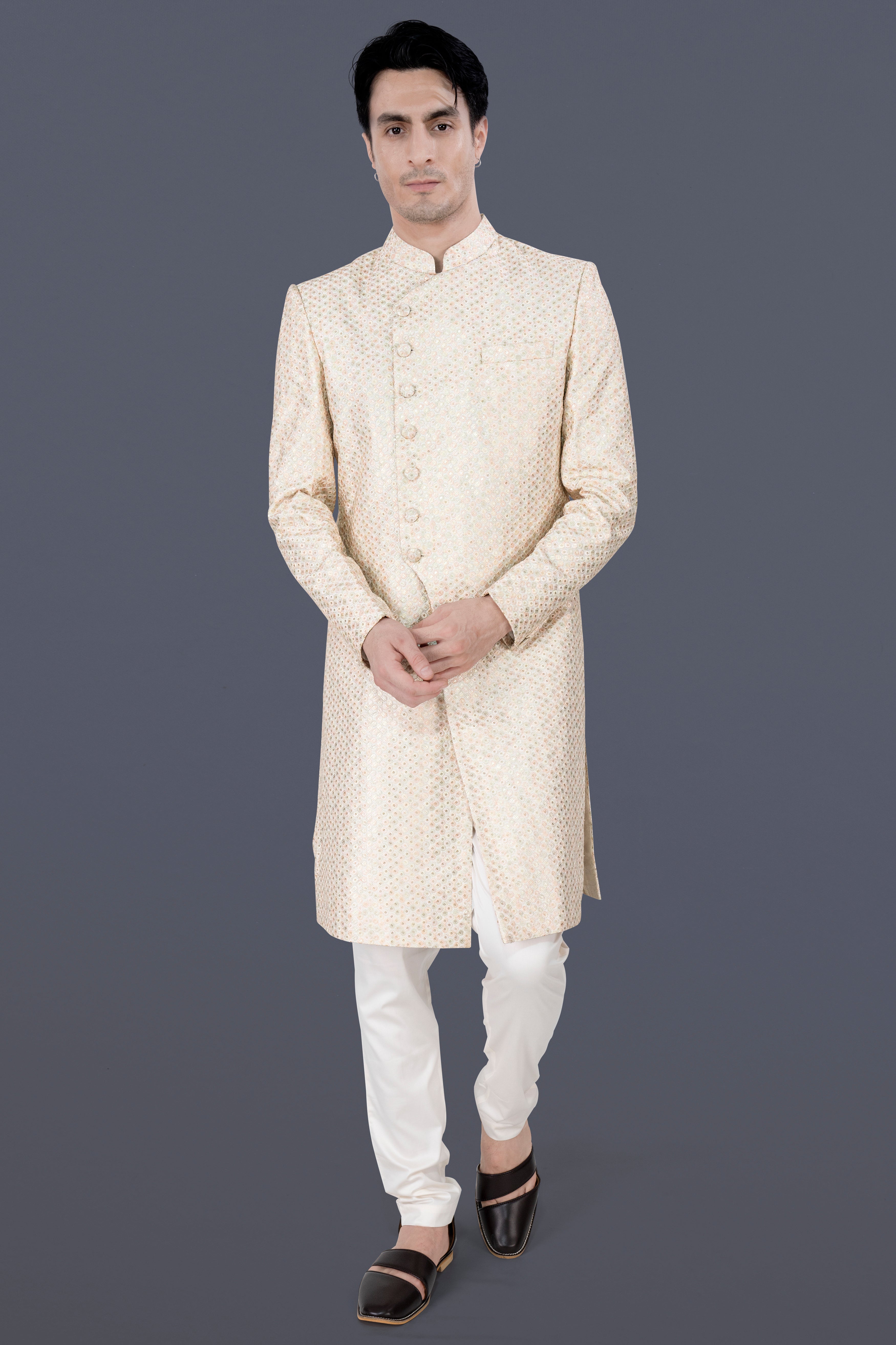 Bone Cream Embroidered with Sequins Work Indo-Western Sherwani with Kurta and Pajama Set