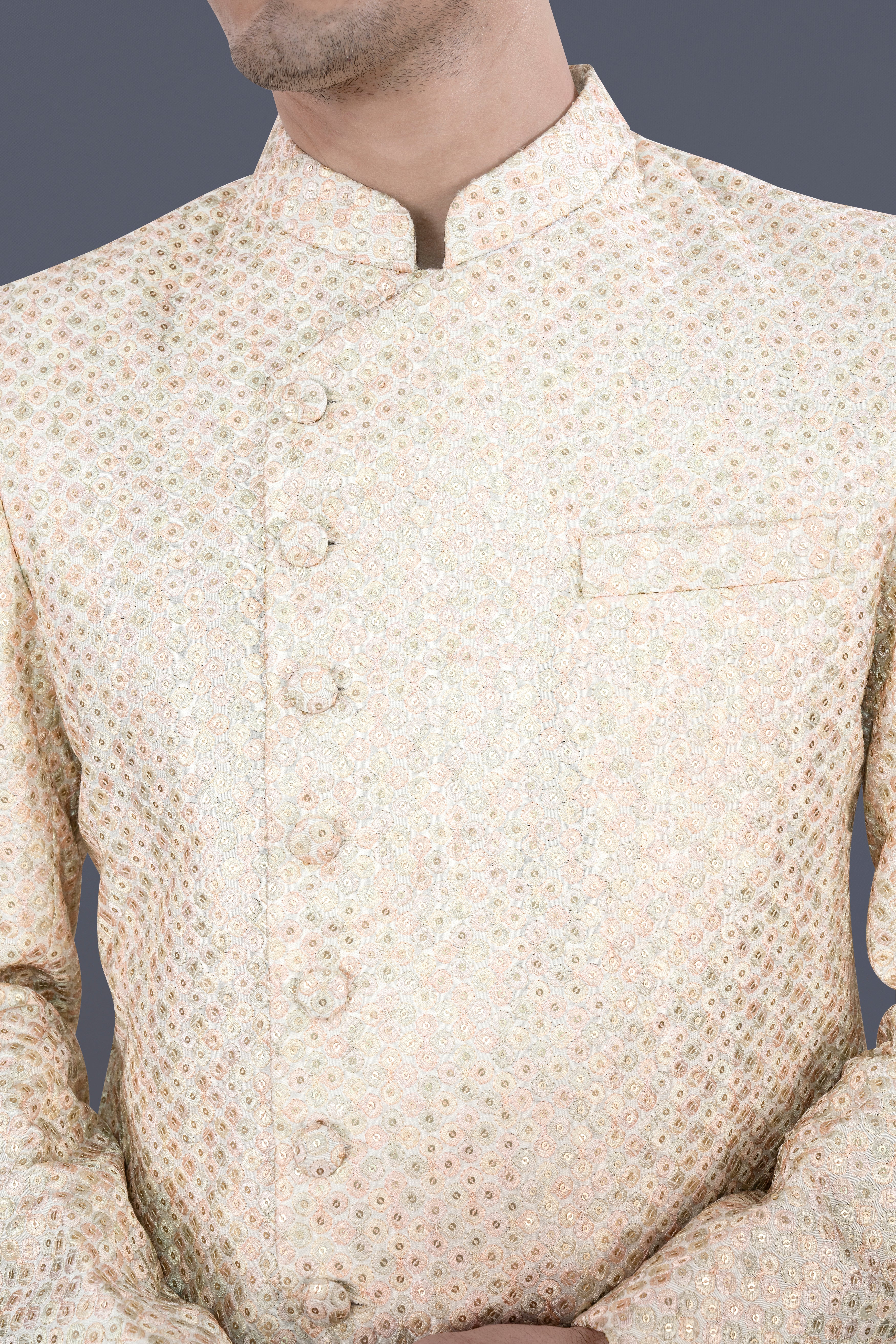 Bone Cream Embroidered with Sequins Work Indo-Western Sherwani with Kurta and Pajama Set