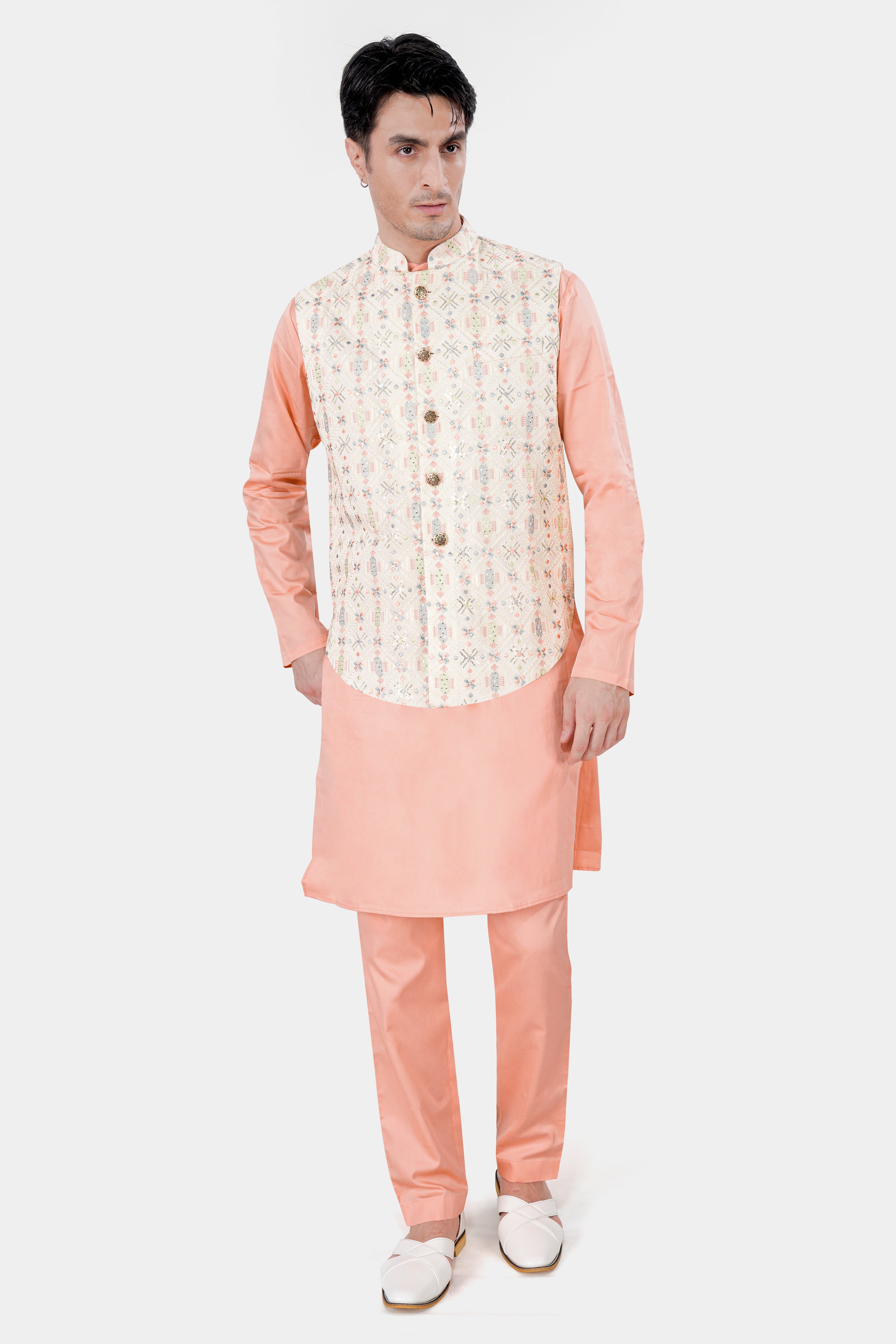 Pearl Cream Embroidered with Sequins Work Sleeveless Jacket with Cashmere Peach Kurta and Pajama Set