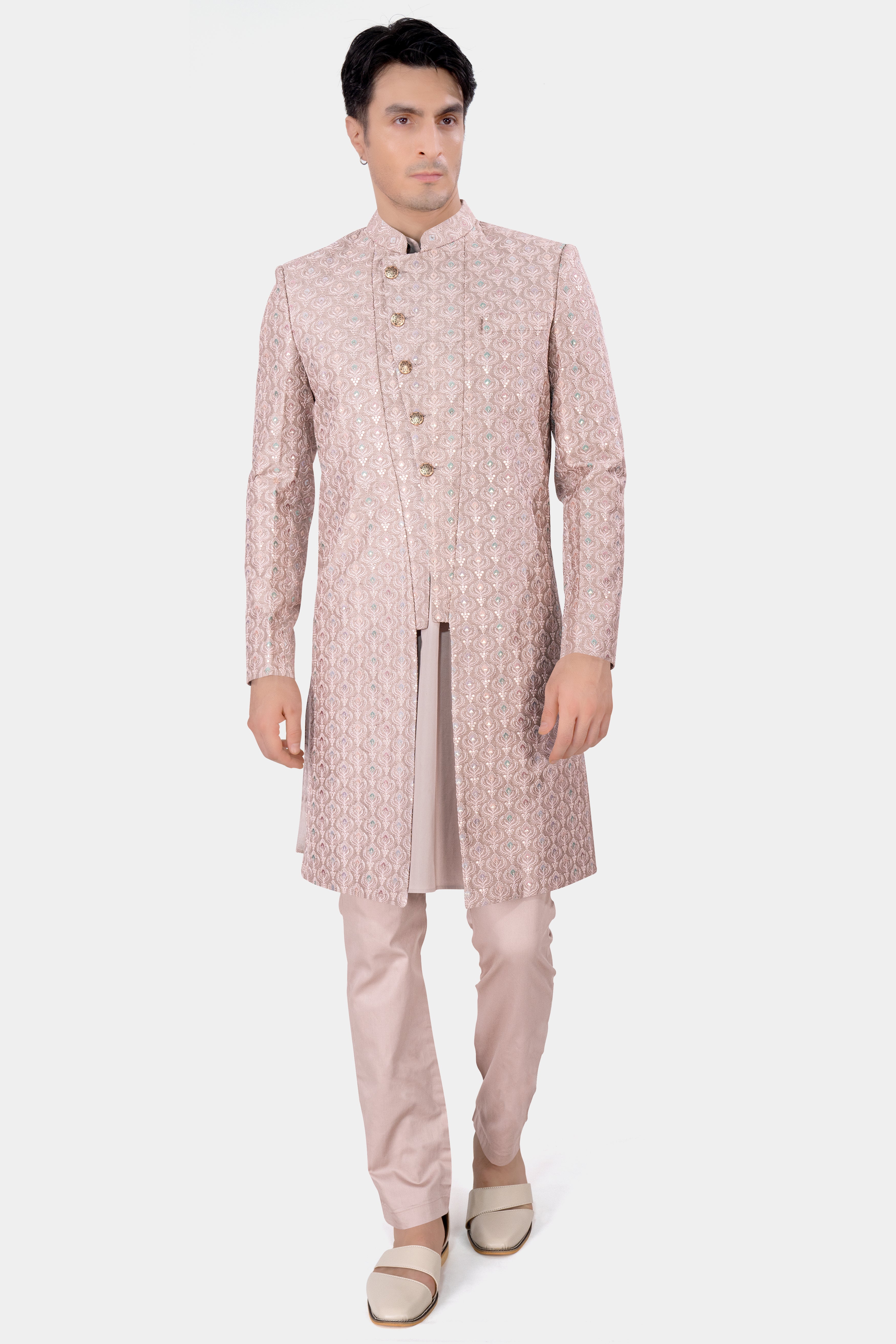 Rodeo Dust Peach Tone on Tone Sequins and Embroidered Work Sherwani with Kurta and Pant Set