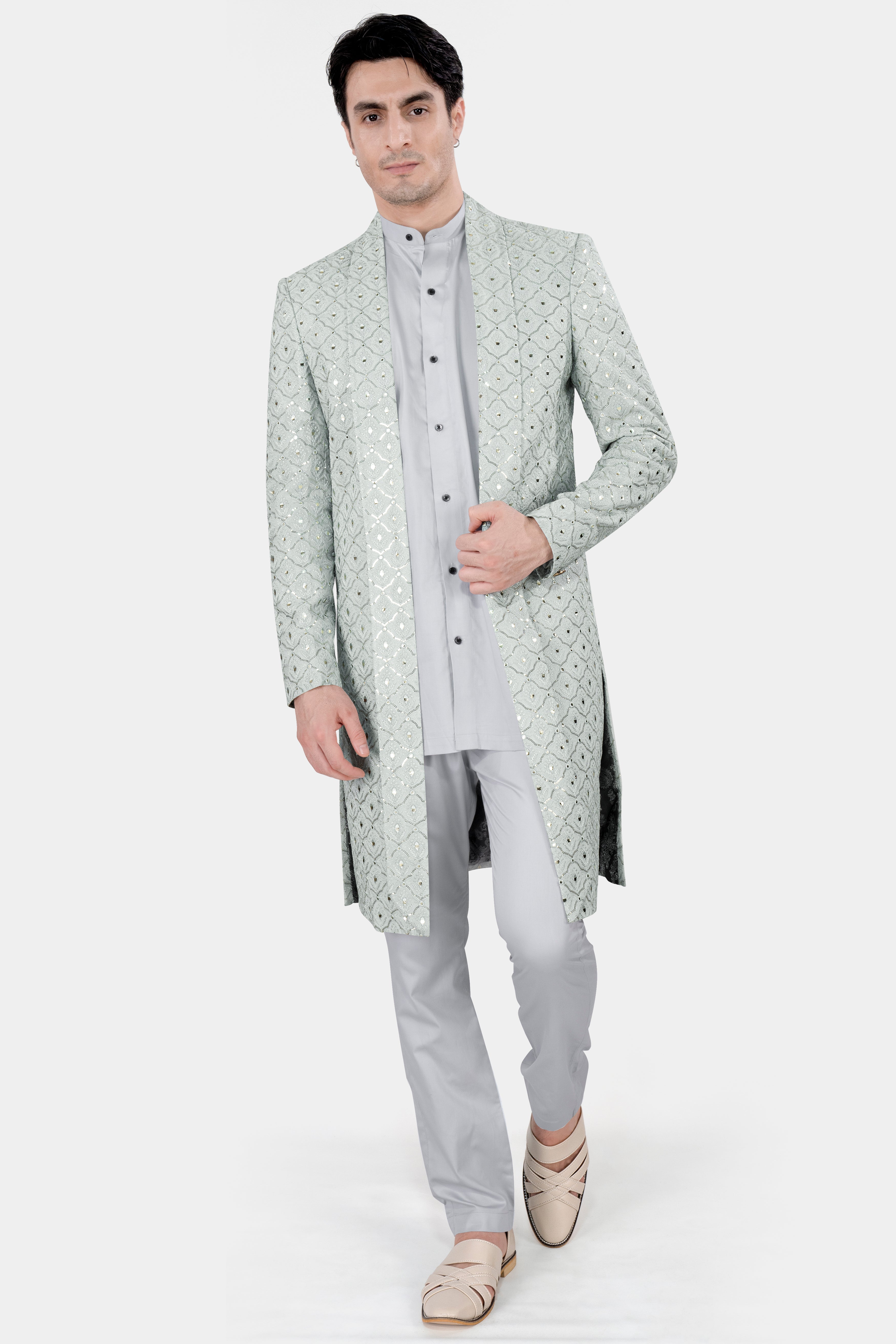 Snow Drift Green Mirror and Sequins Work With Gainsboro Gray Kurta and Pant Set