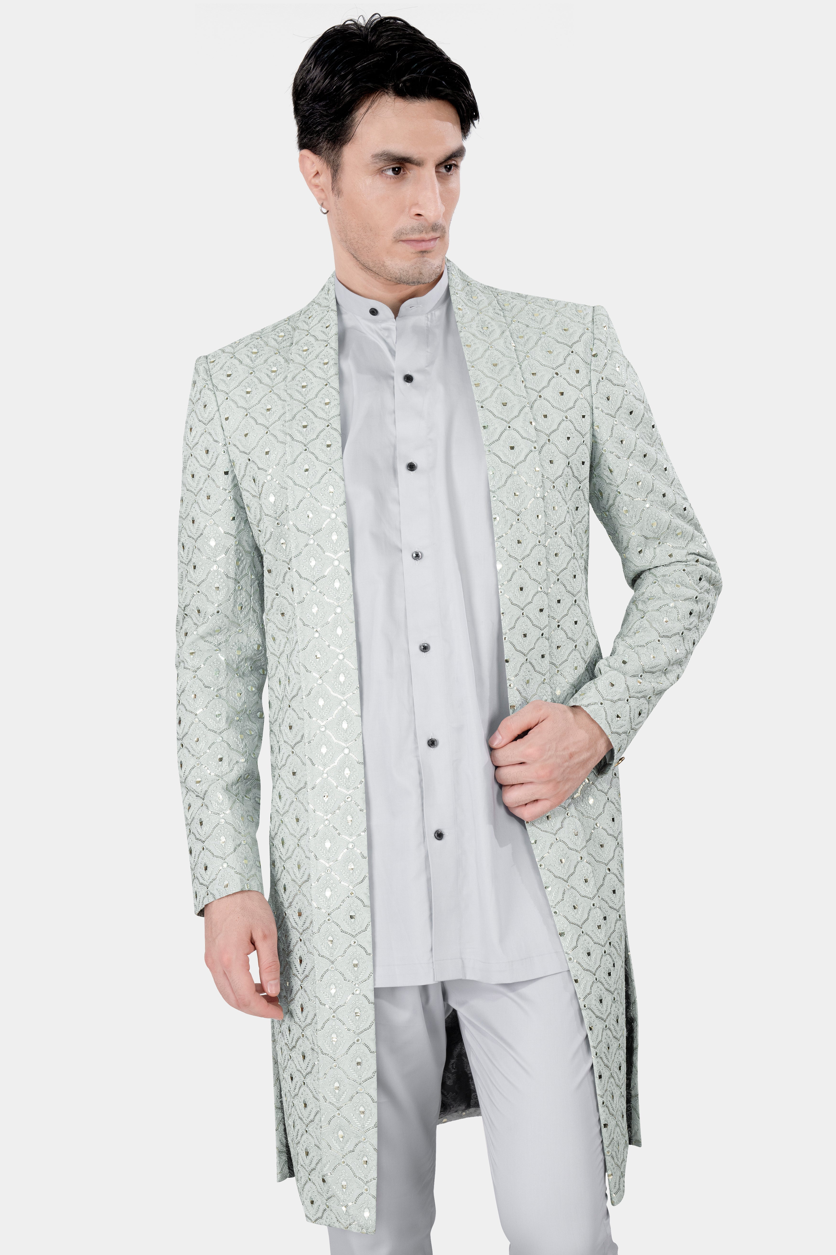 Snow Drift Green Mirror and Sequins Work With Gainsboro Gray Kurta and Pant Set