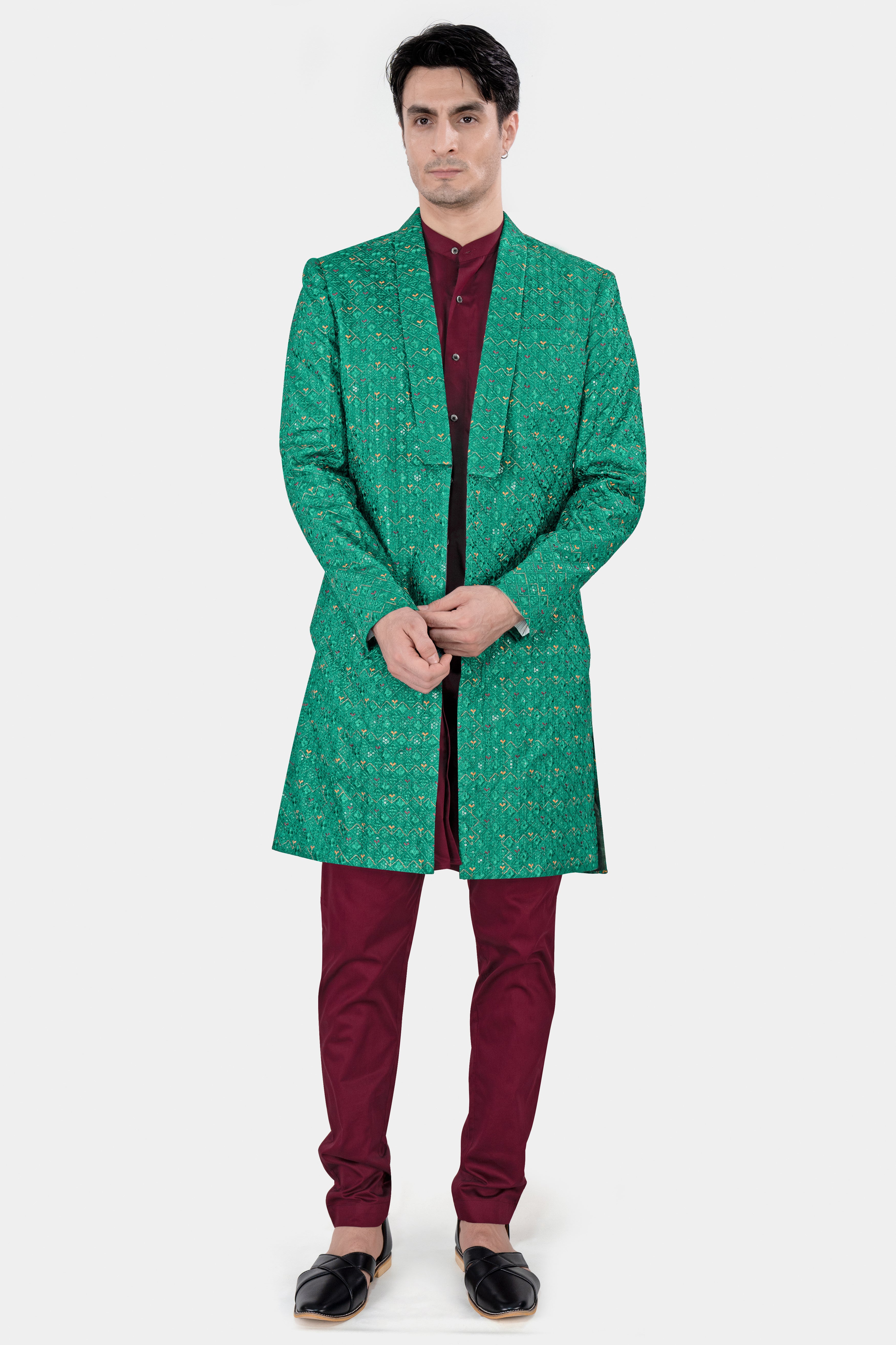 Meadow Green Thread Work Indo Western with Carmine Maroon Kurta and Pajama Set