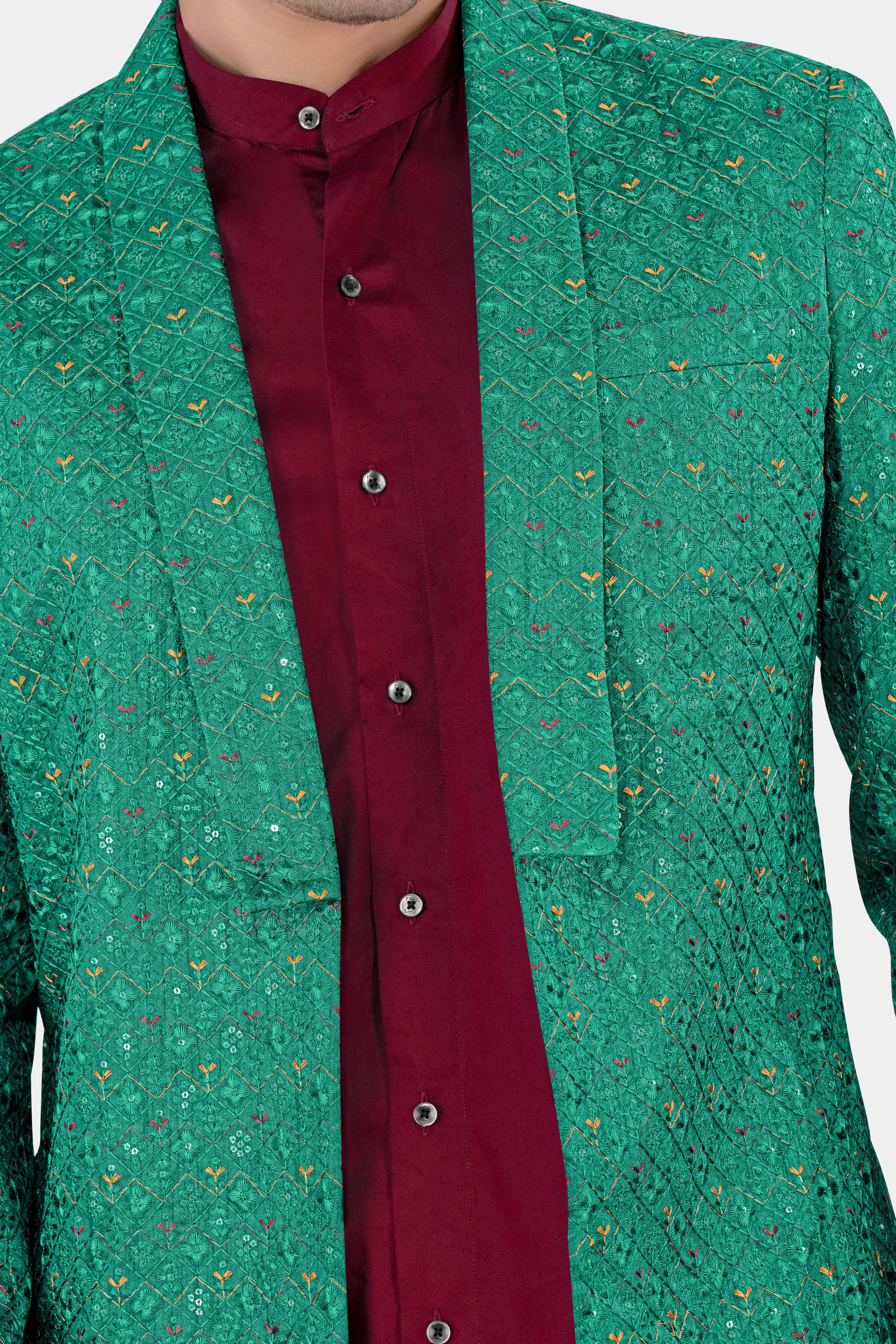 Meadow Green Thread Work Indo Western with Carmine Maroon Kurta and Pajama Set
