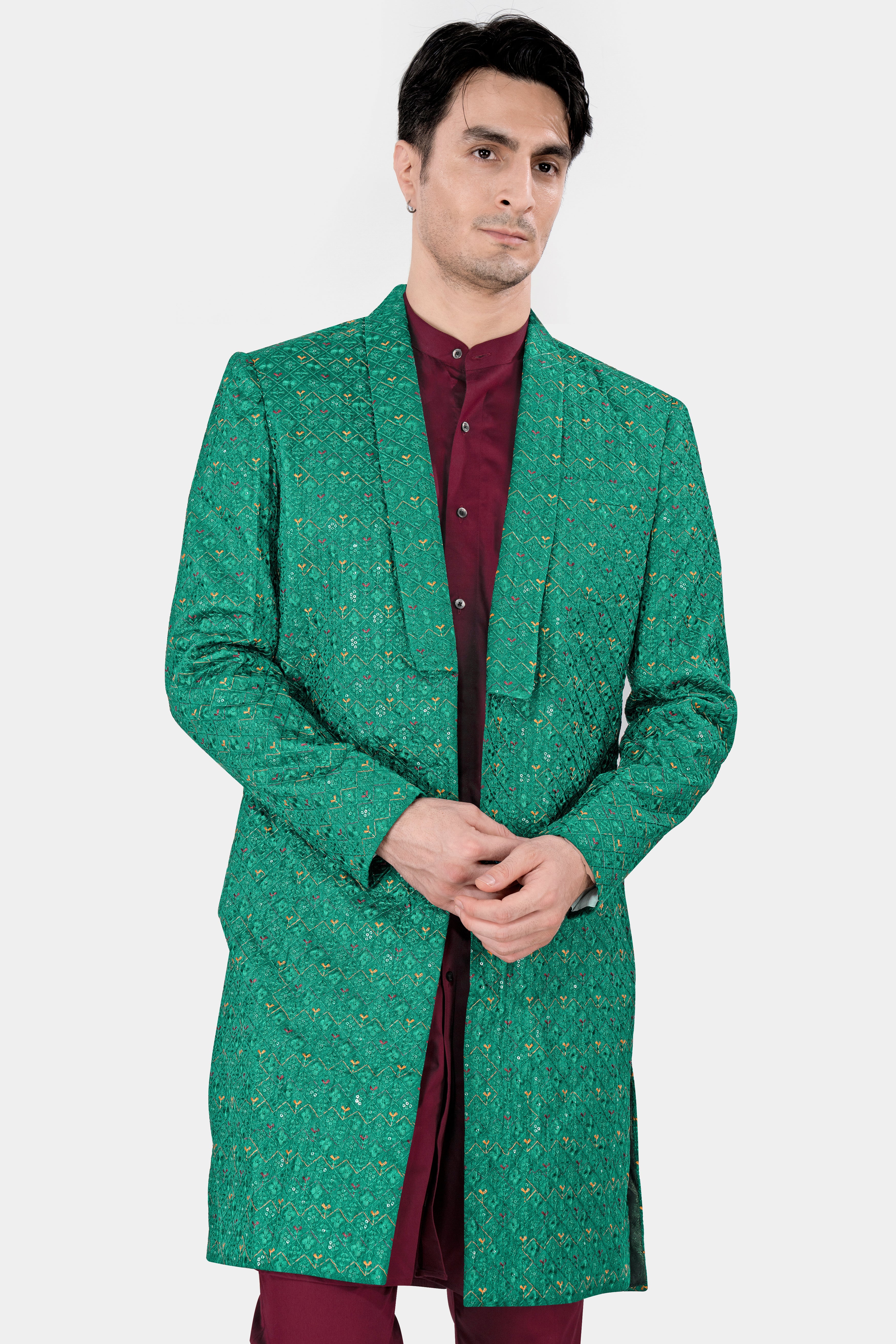 Meadow Green Thread Work Indo Western with Carmine Maroon Kurta and Pajama Set