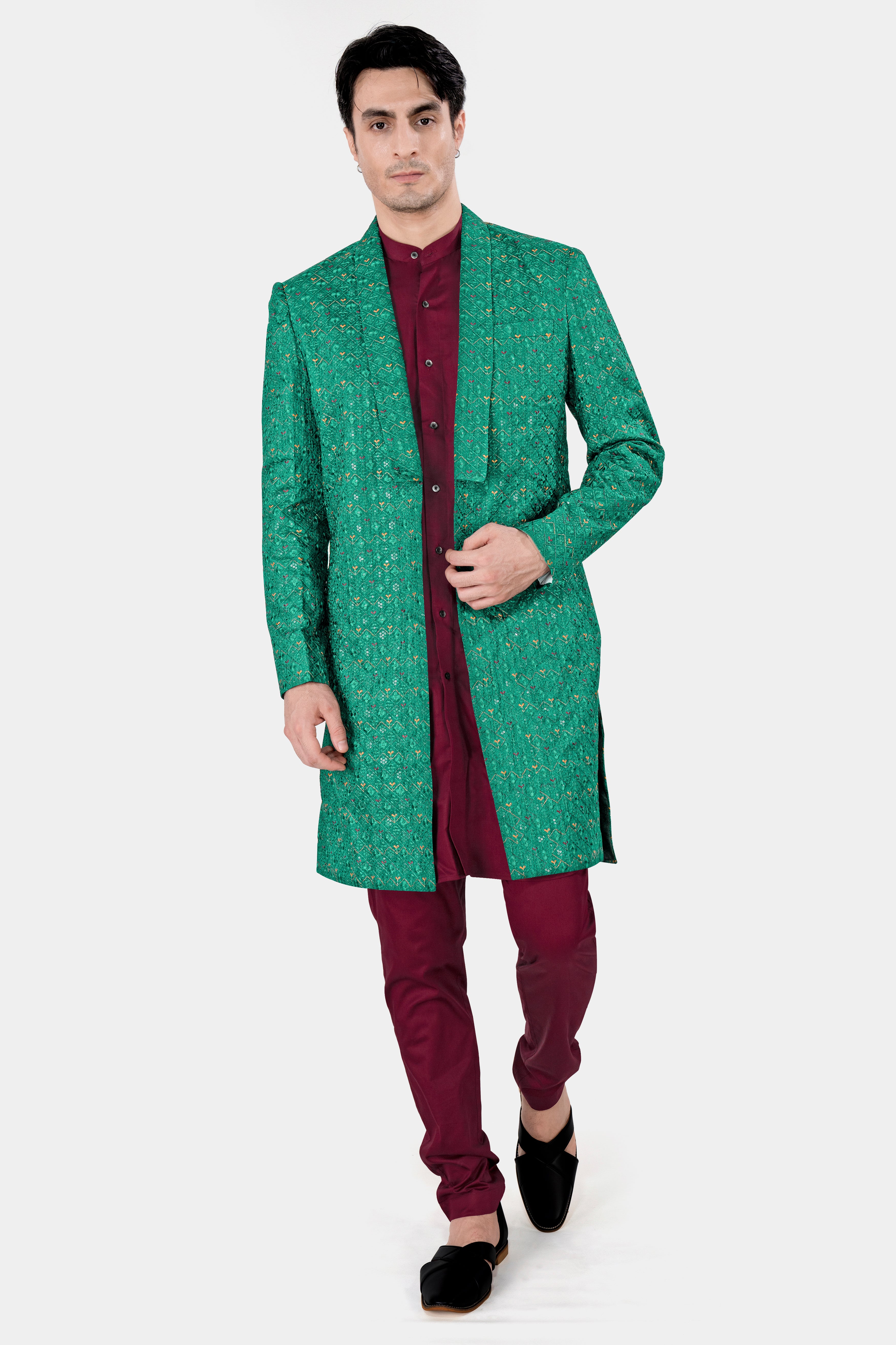 Meadow Green Thread Work Indo Western with Carmine Maroon Kurta and Pajama Set