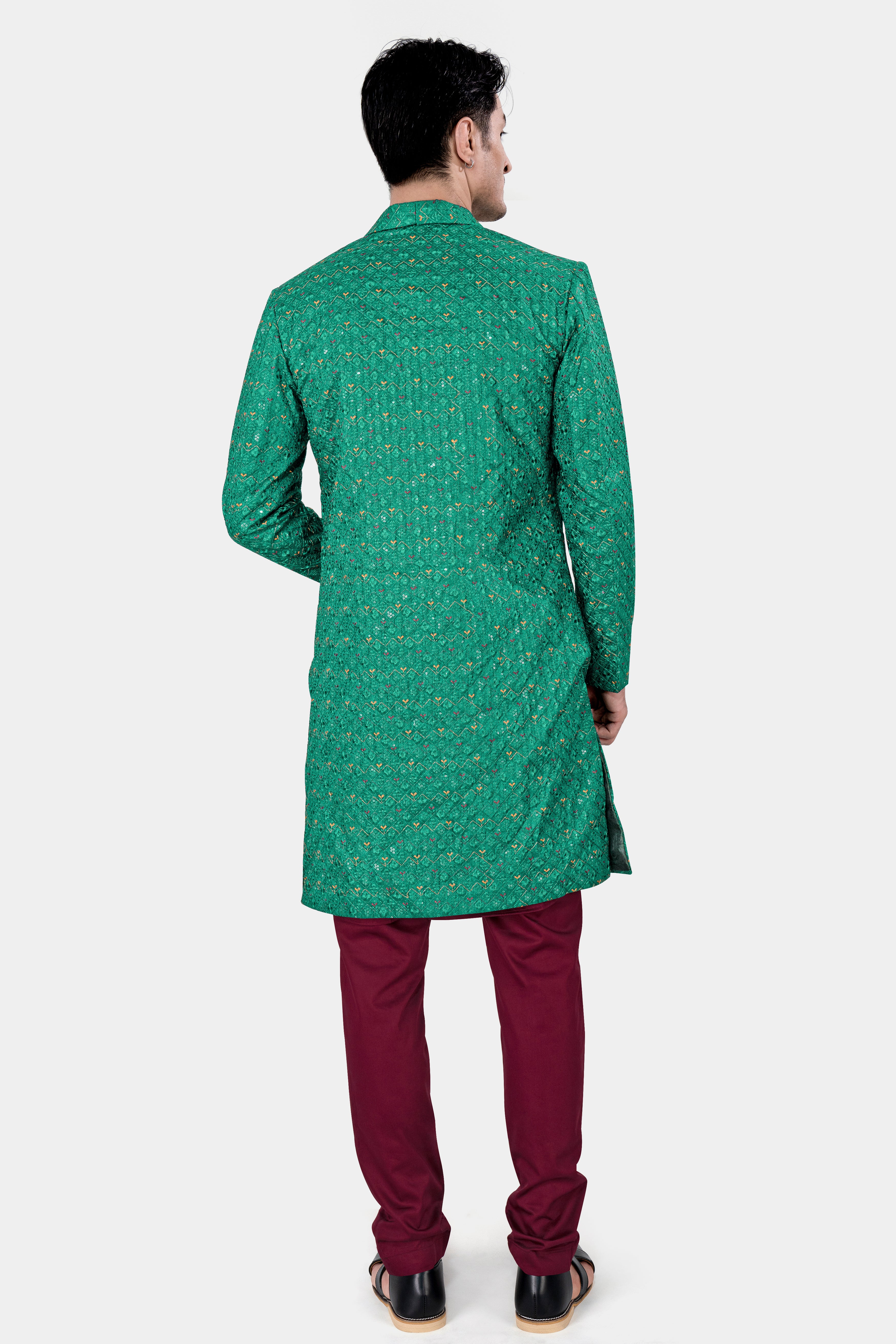 Meadow Green Thread Work Indo Western with Carmine Maroon Kurta and Pajama Set