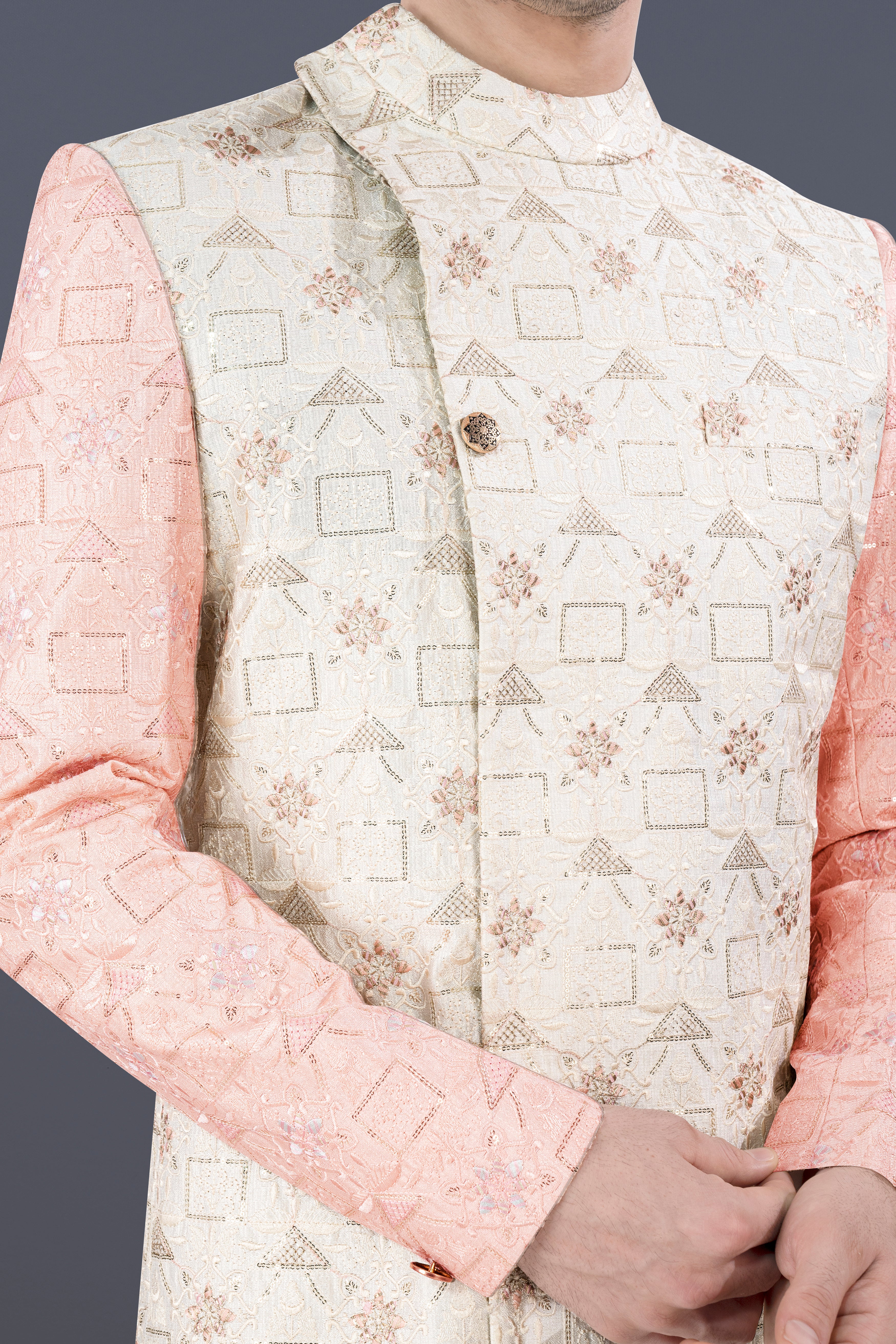 Alabaster Cream and Blush Pink Embroidered With Sequins Work Sherwani With Cream Kurta and Pajama Set