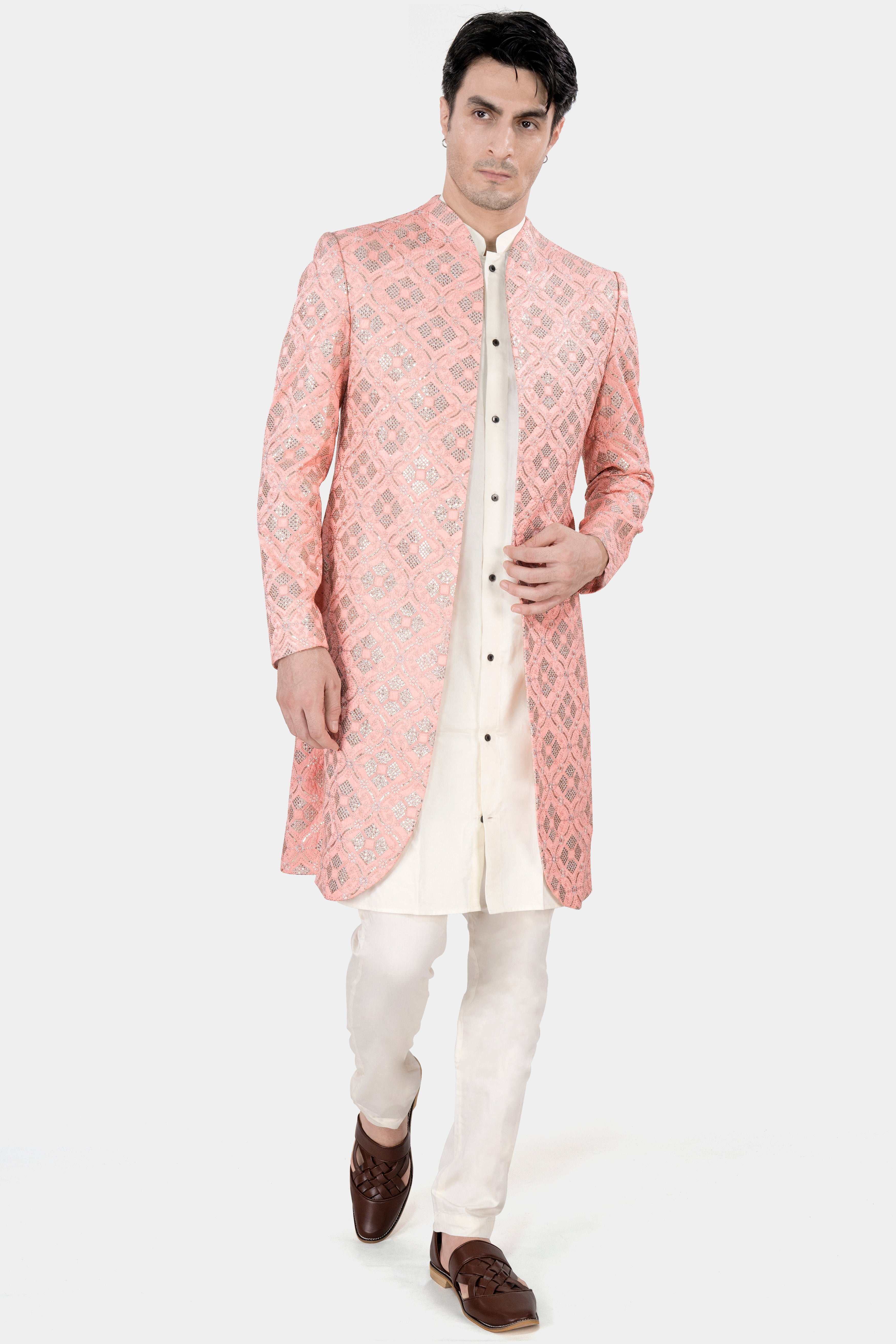 Blush Pink and Alabaster Cream Embroidered With Sequins Work Indo Western With Kurta and Pant Set