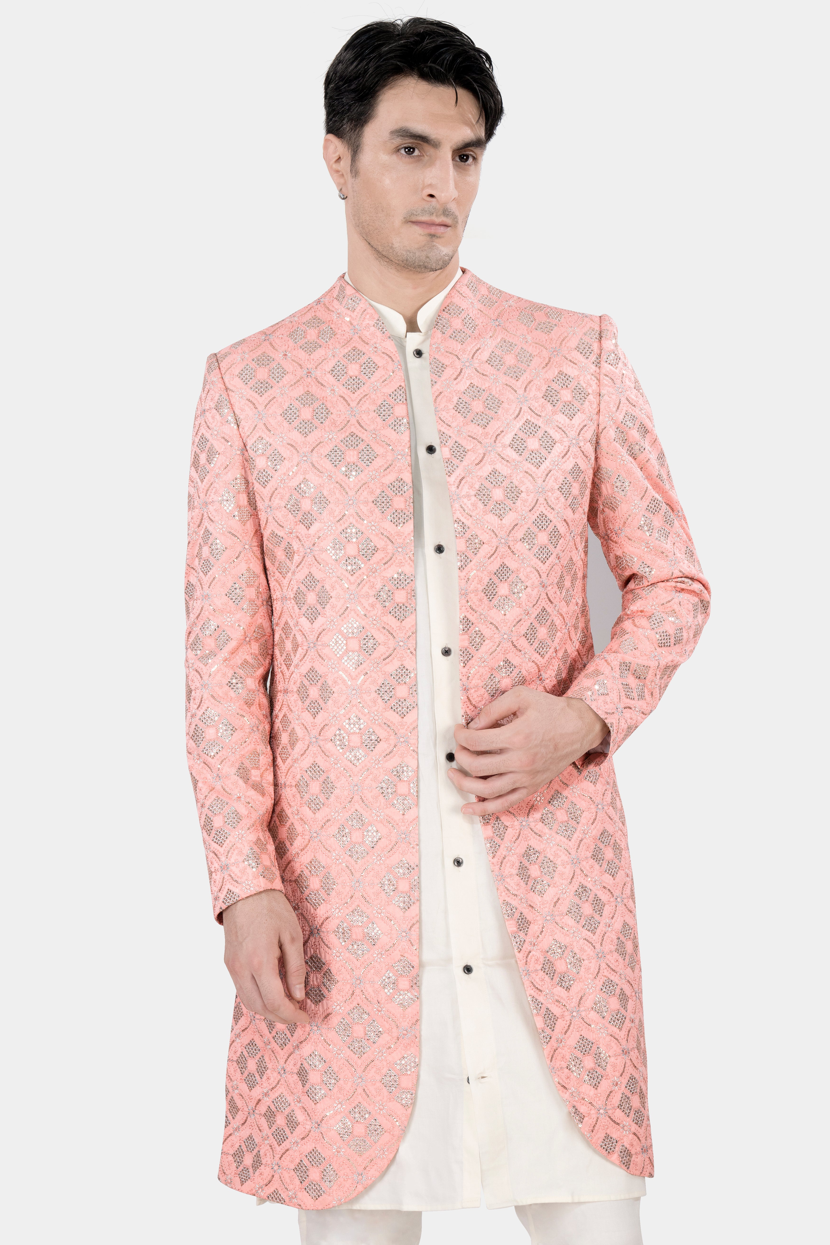 Blush Pink and Alabaster Cream Embroidered With Sequins Work Indo Western With Kurta and Pant Set